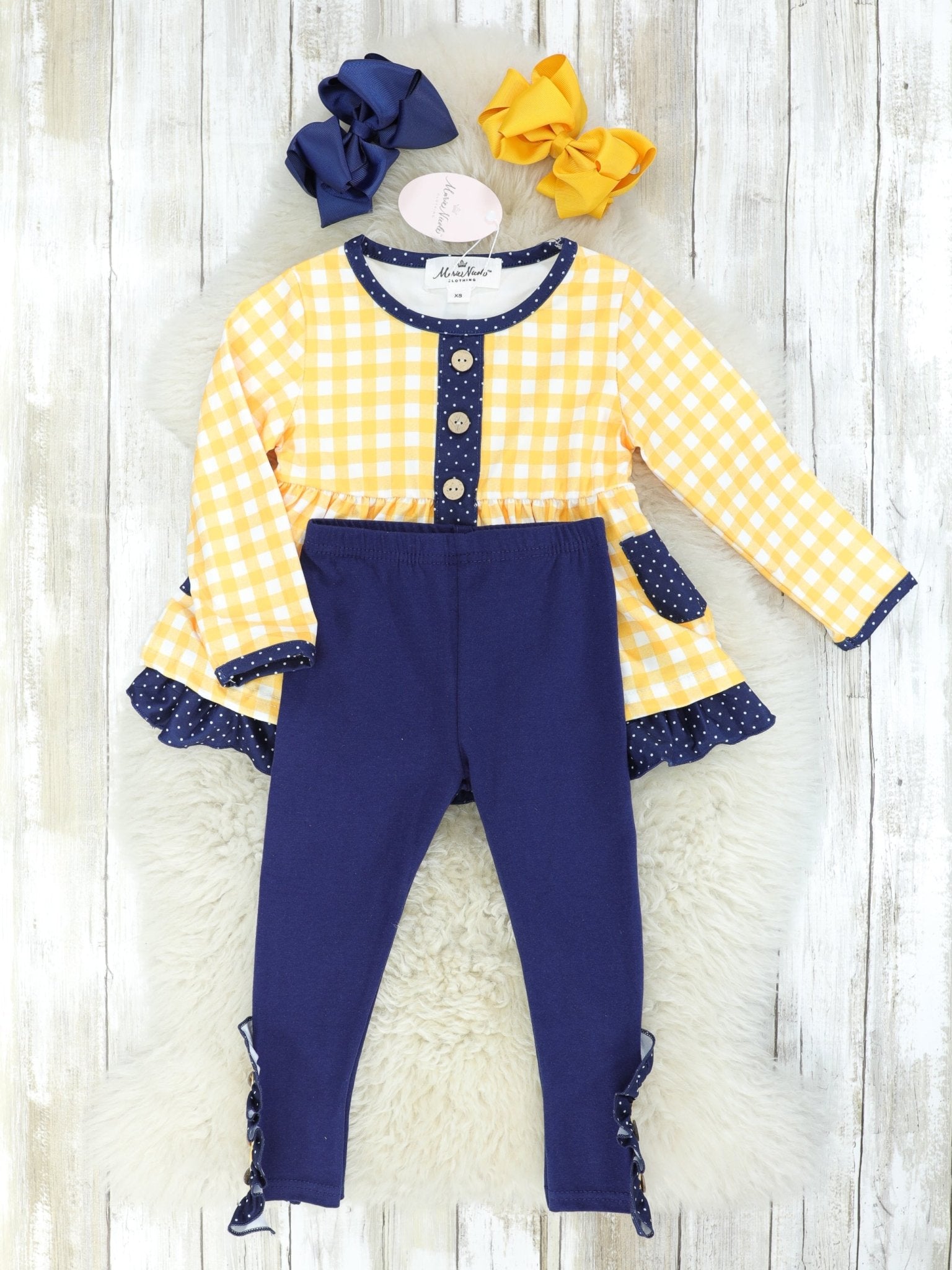 Yellow & Navy Gingham Pocket Outfit - Marie Nicole Clothing