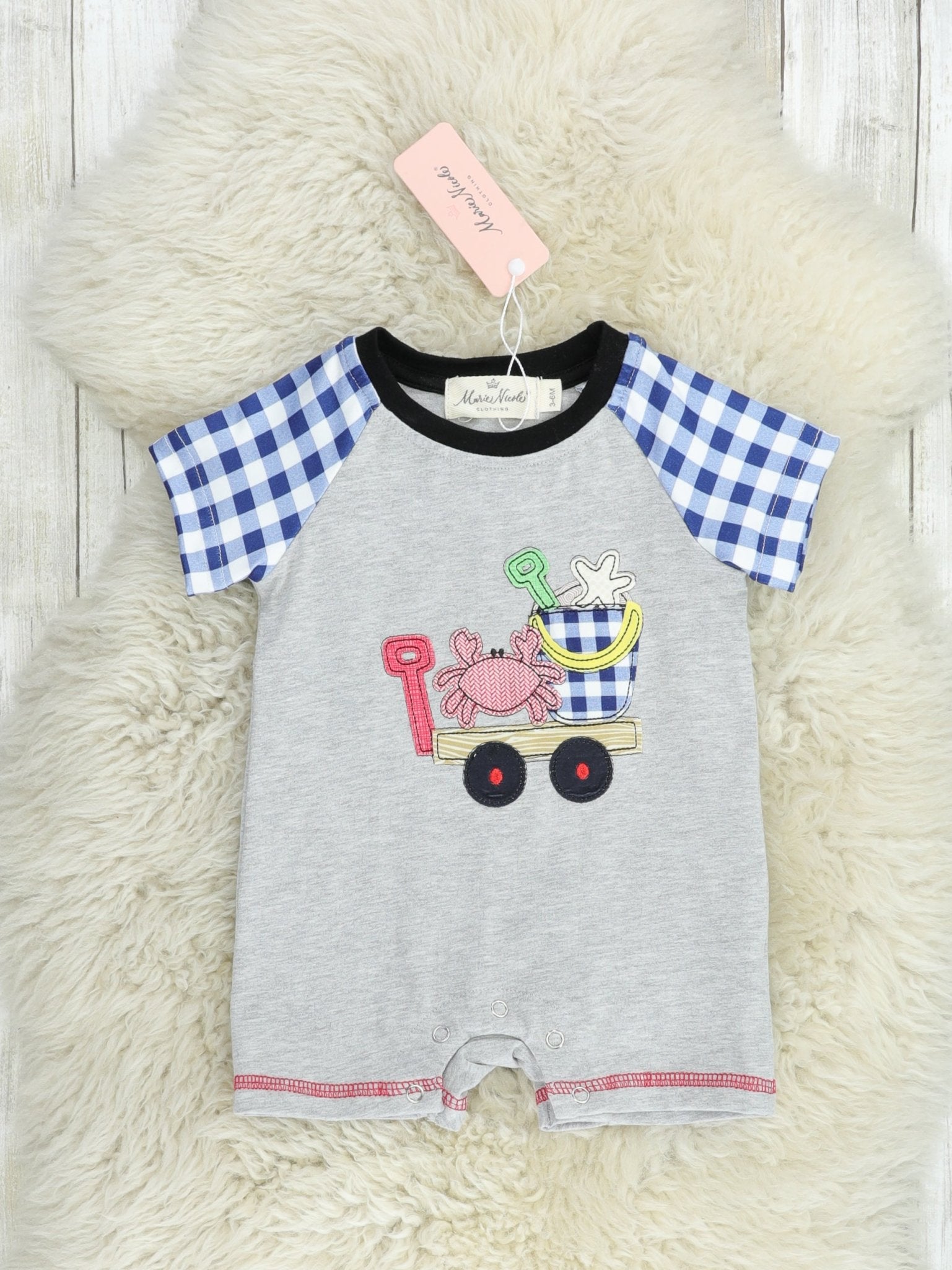 Blue Gingham Beach Wagon Romper - Marie Nicole Clothing