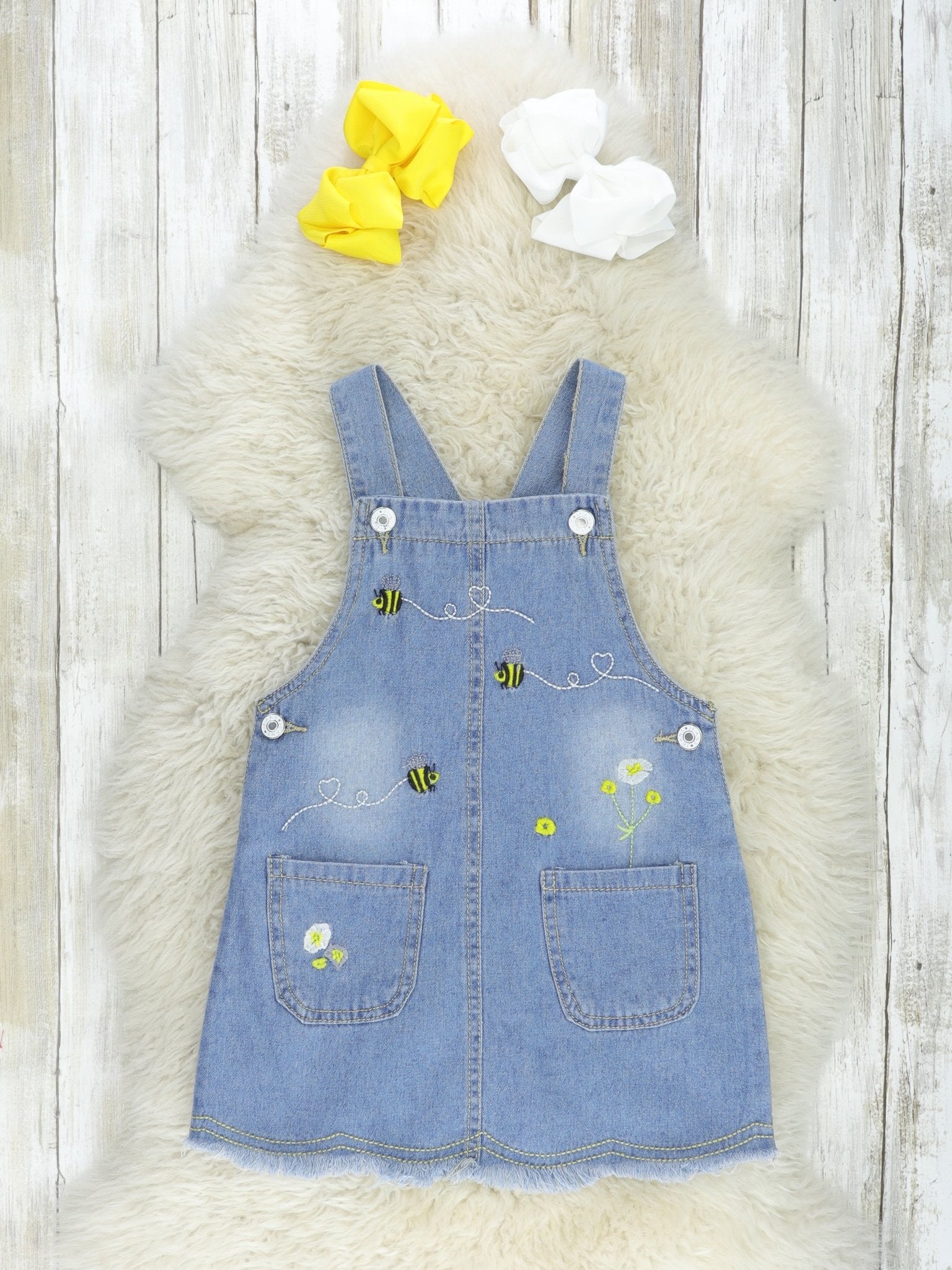 Yellow Tulle Top & Denim Bee Overall Set - Marie Nicole Clothing
