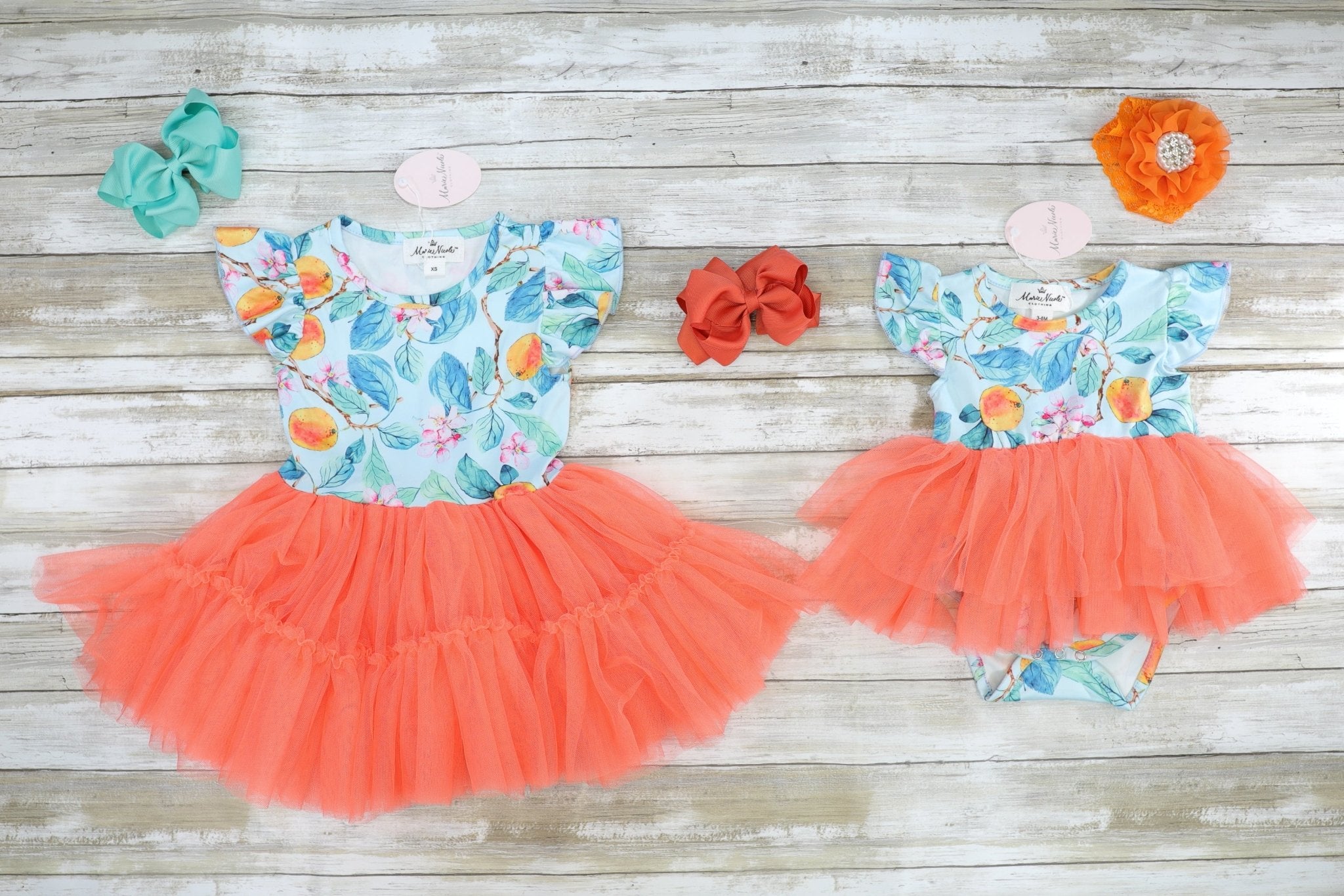 Blue & Peach Ruffle Tulle Bubble Romper - Marie Nicole Clothing