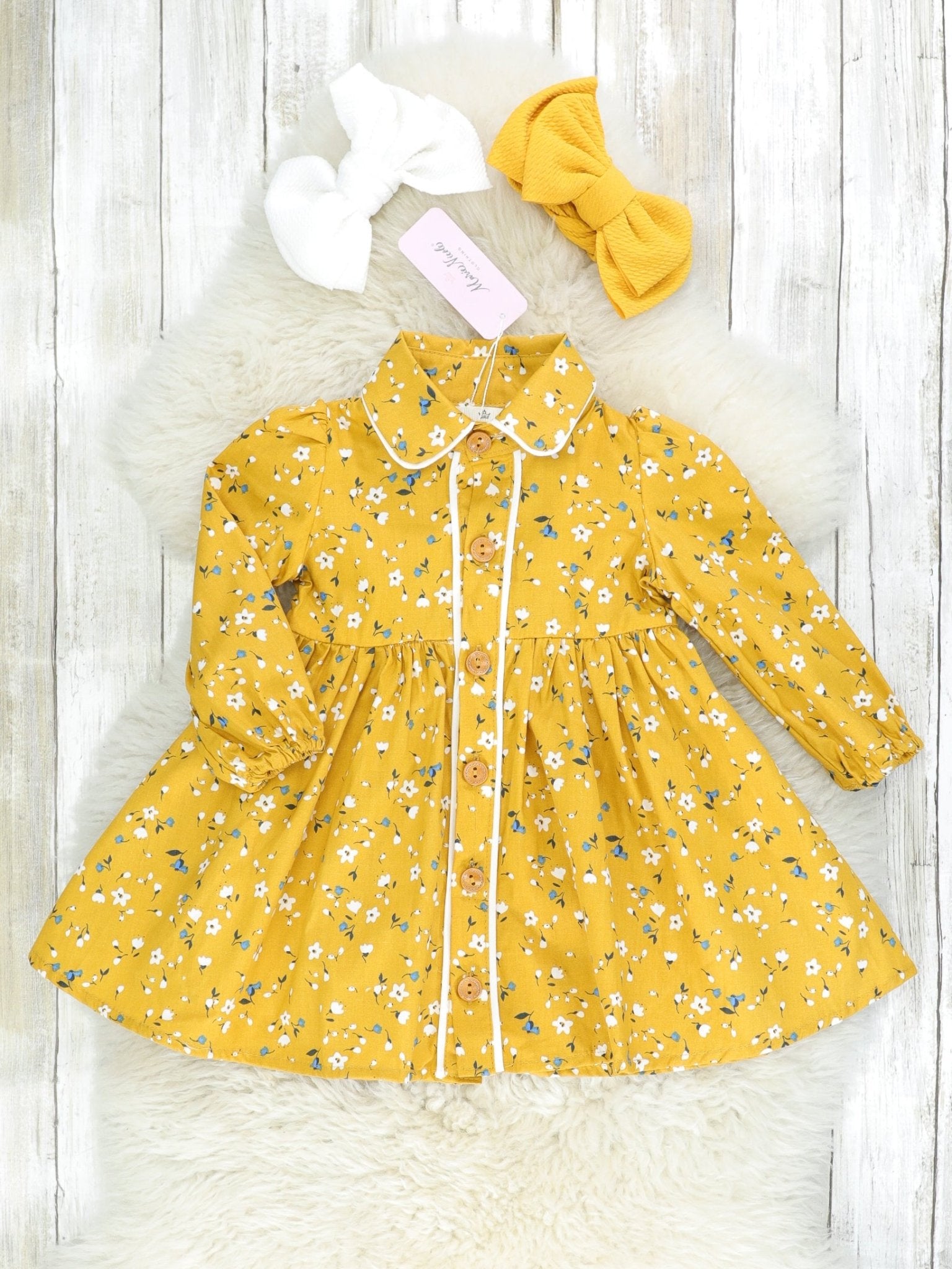 Dainty Floral Mustard Dress - Marie Nicole Clothing