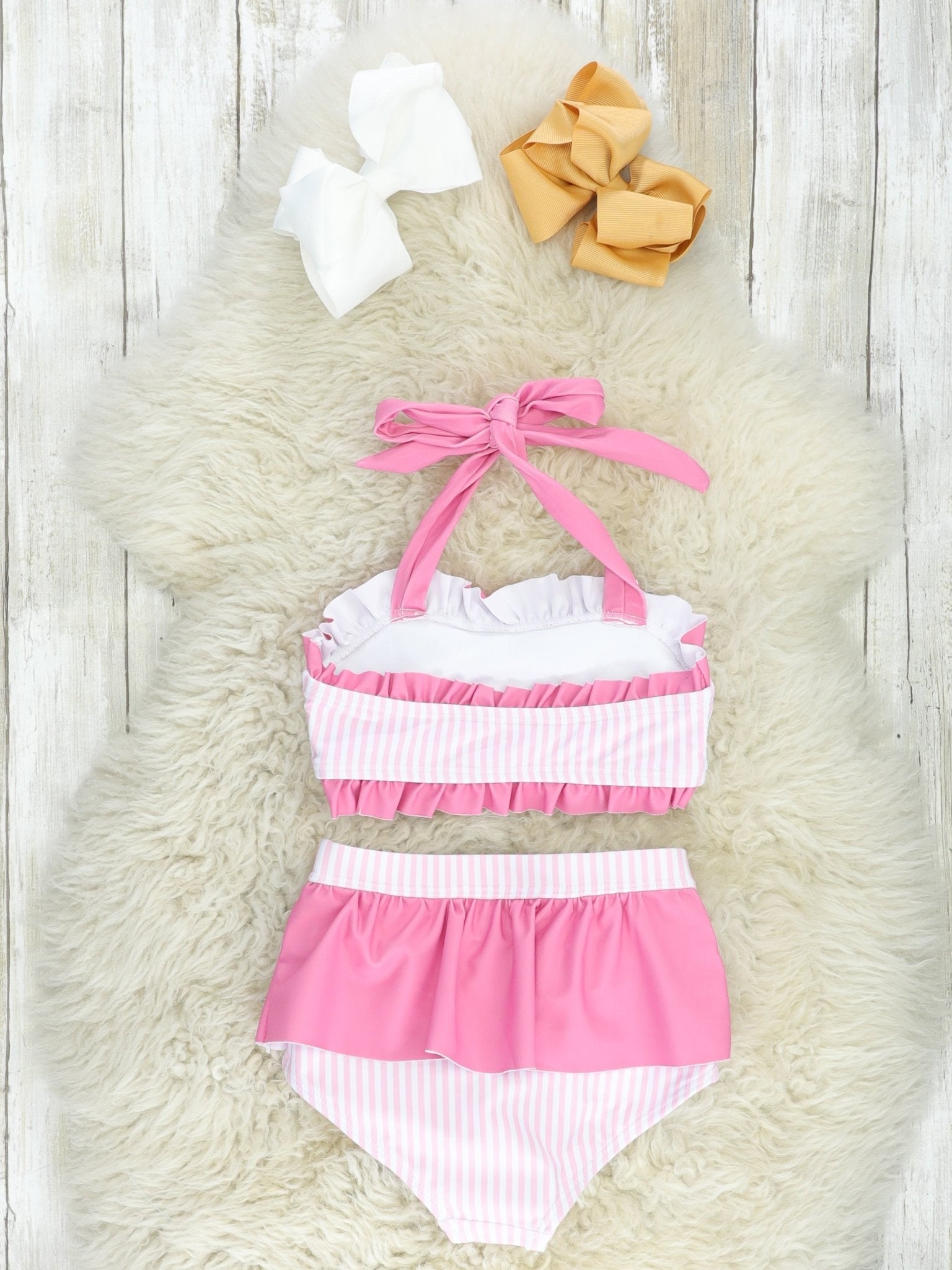 Pink Striped Flamingo Two - Piece Swimsuit - Marie Nicole Clothing