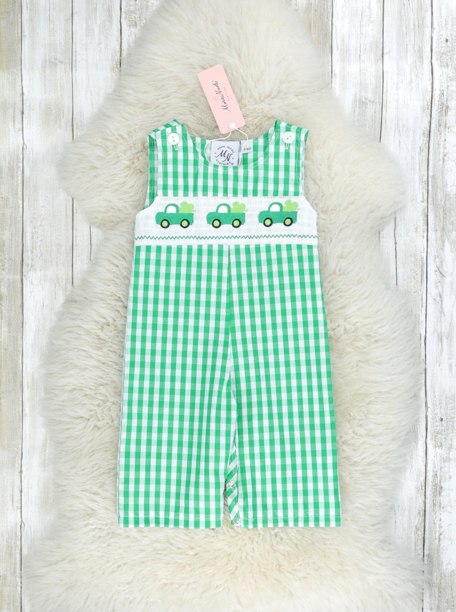 Green Gingham Smocked Clover Truck Johnny - Marie Nicole Clothing