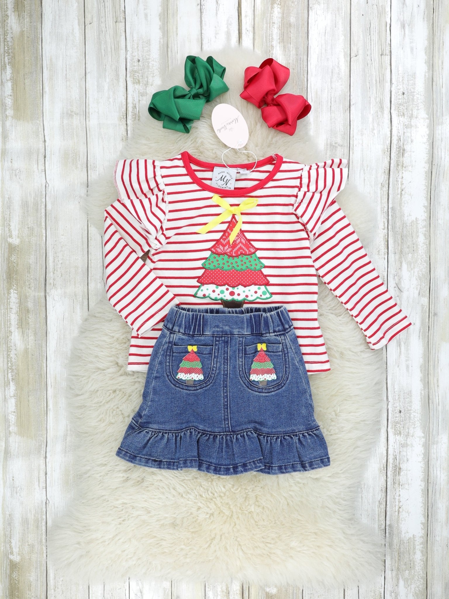 Red Striped Christmas Tree Denim Skirt Outfit - Marie Nicole Clothing