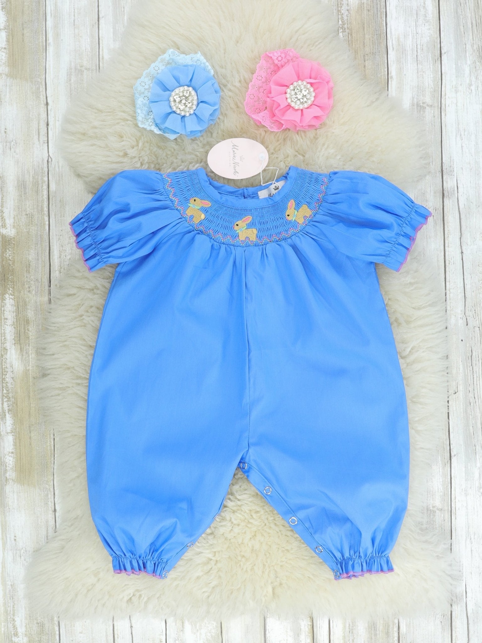 Blue Smocked Bunny Romper - Marie Nicole Clothing