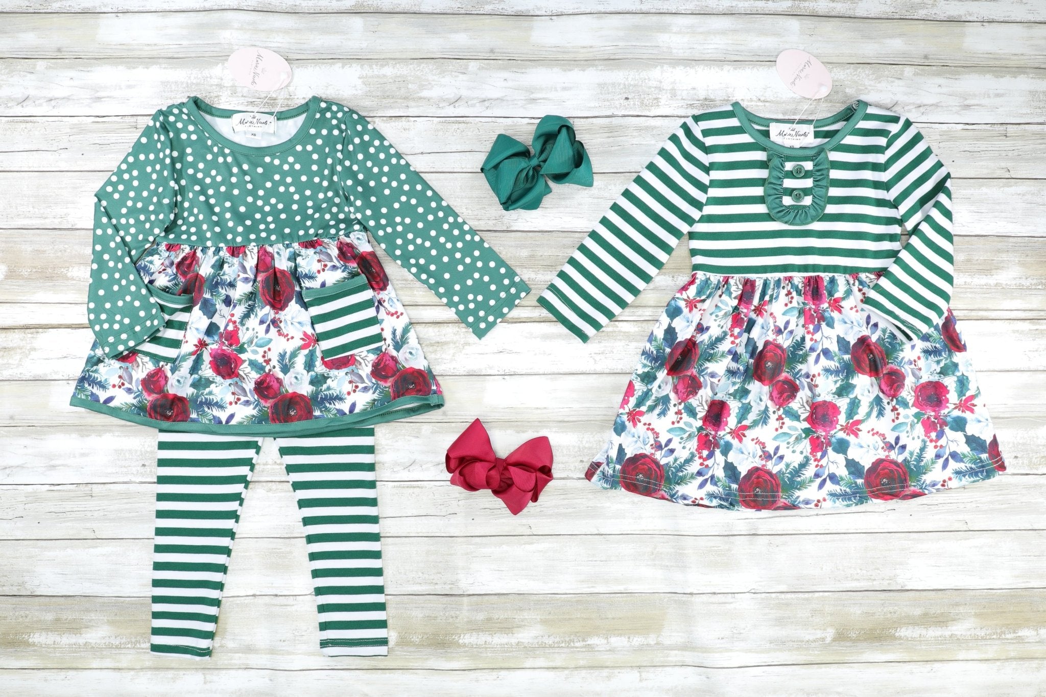 Burgundy & Forest Green Floral Dress - Marie Nicole Clothing