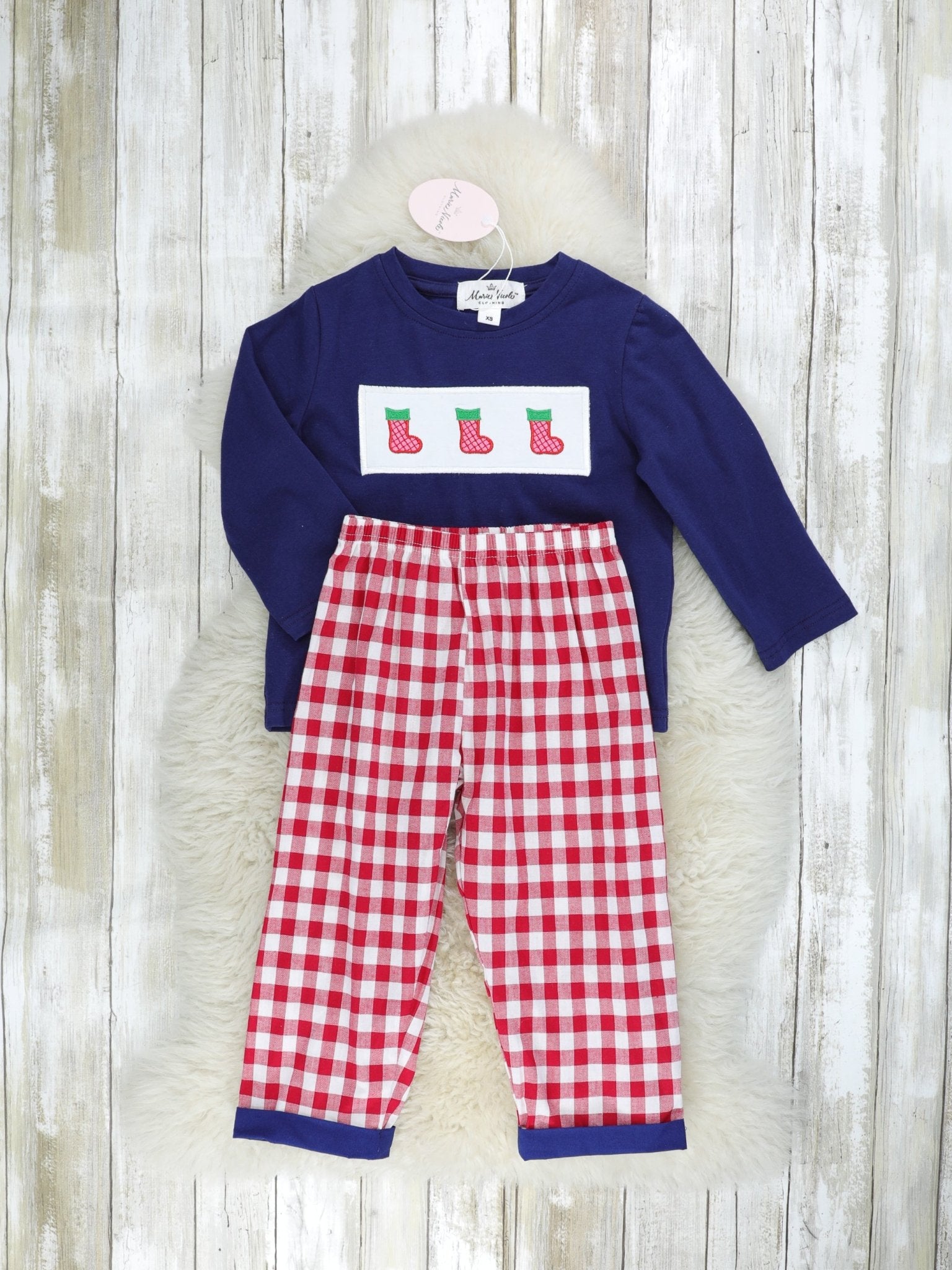 Navy Stocking & Red Gingham Smocked Outfit - Marie Nicole Clothing