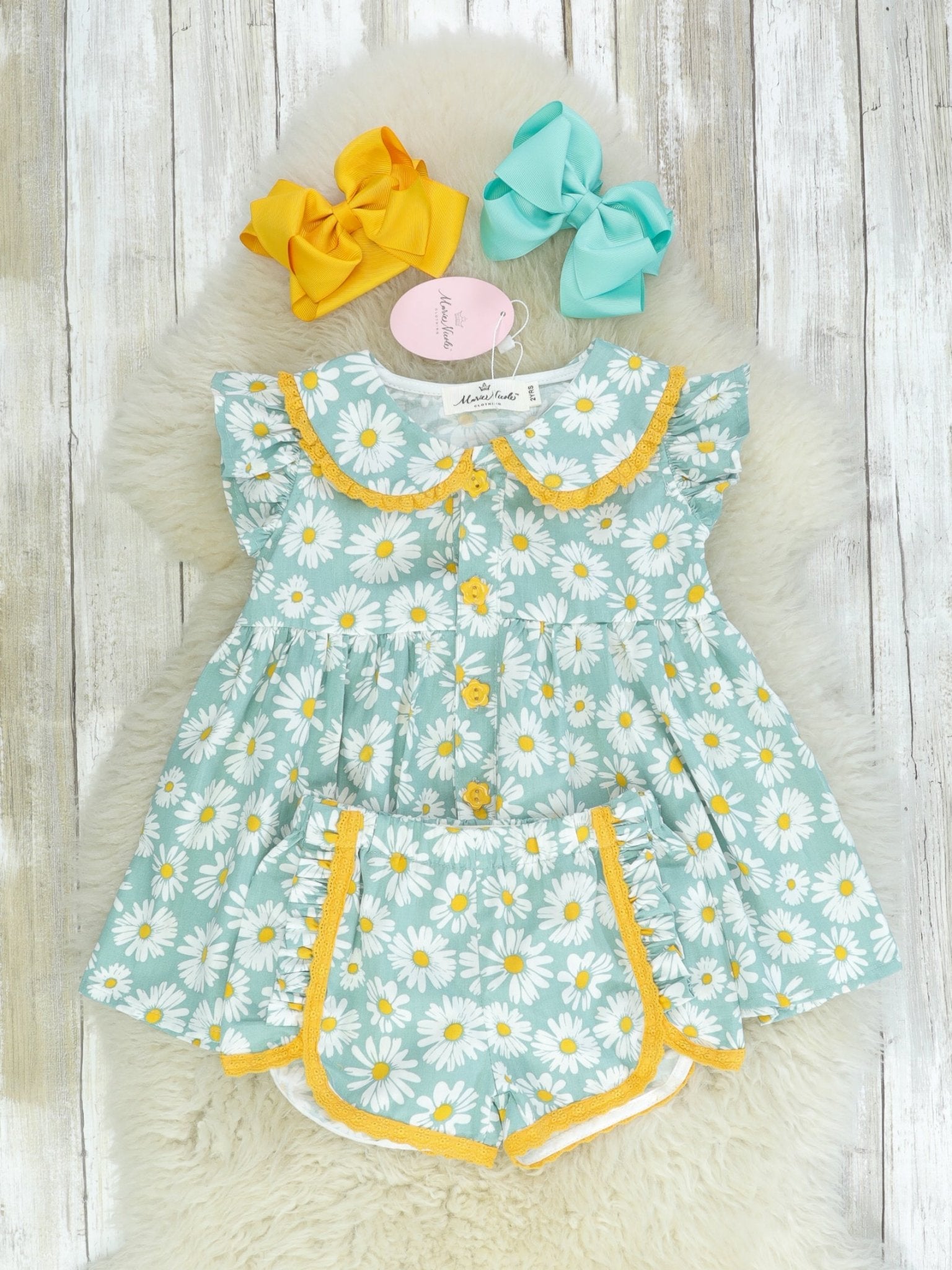 Spring Daisy Peplum Top & Ruffle Shorties Outfit - Marie Nicole Clothing