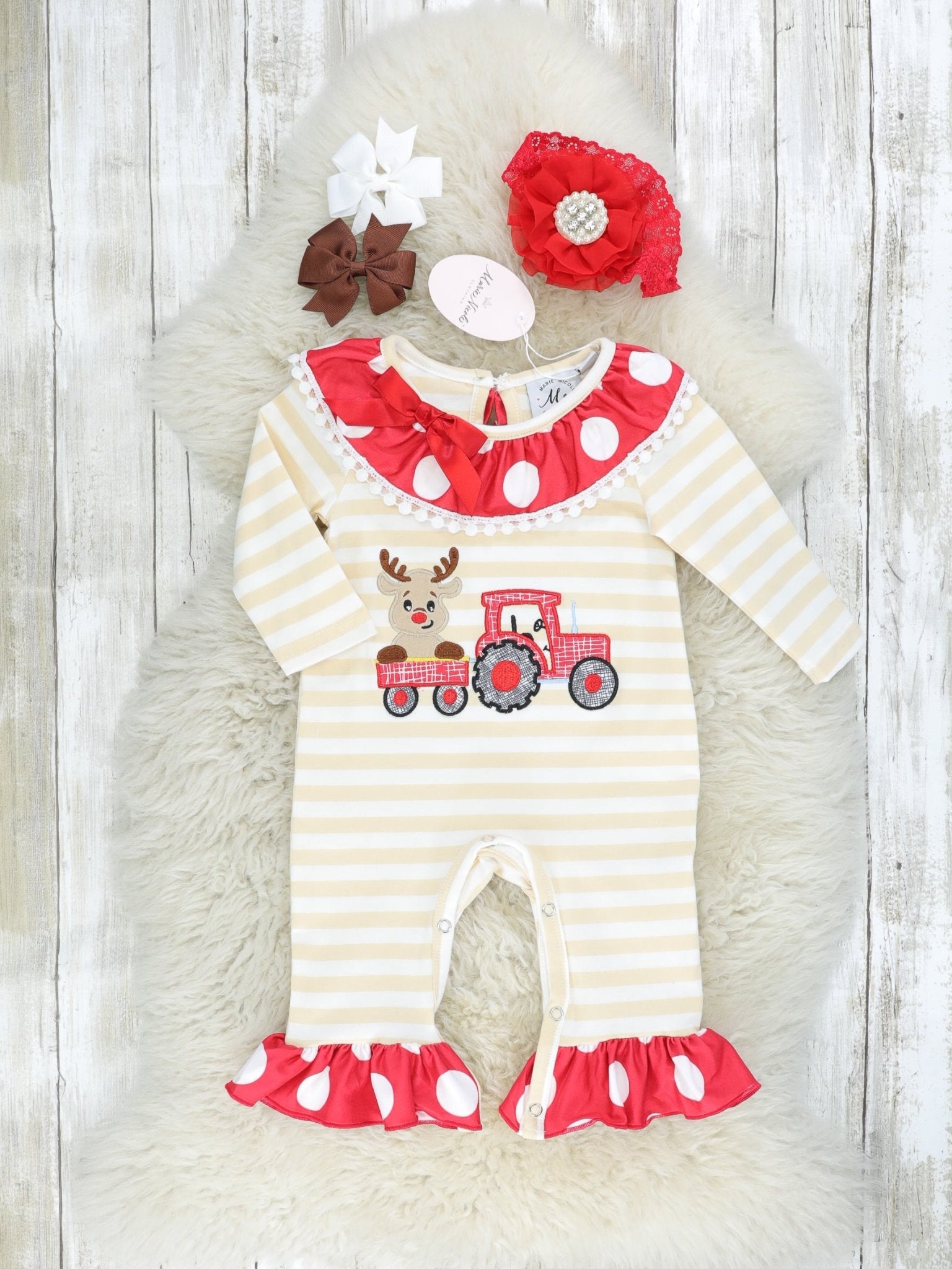 Reindeer Tractor Ruffle Romper - Marie Nicole Clothing
