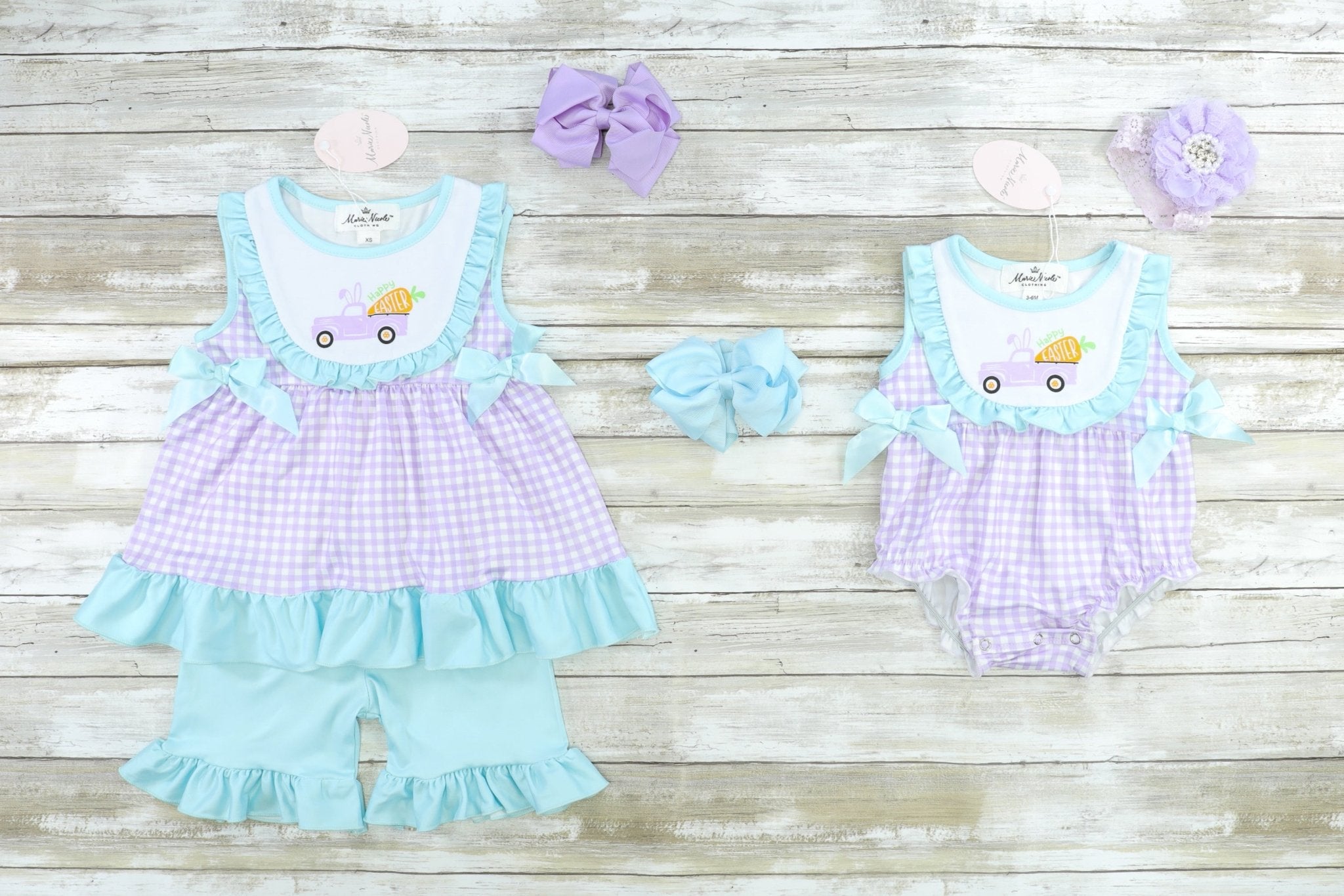 Purple & Blue Truck Easter Bubble Romper - Marie Nicole Clothing