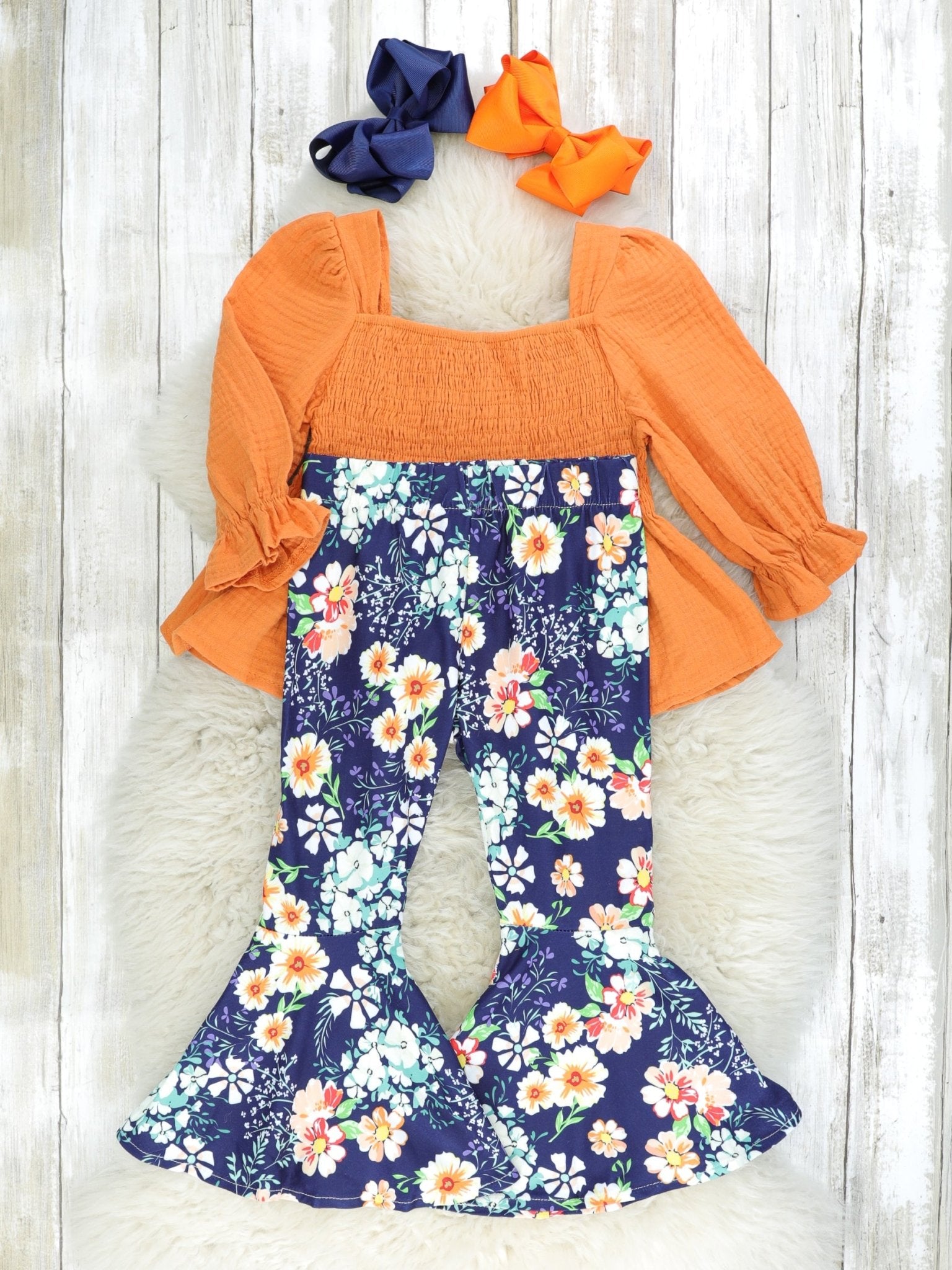 Burnt Orange Floral Ruffle Smocked Outfit - Marie Nicole Clothing