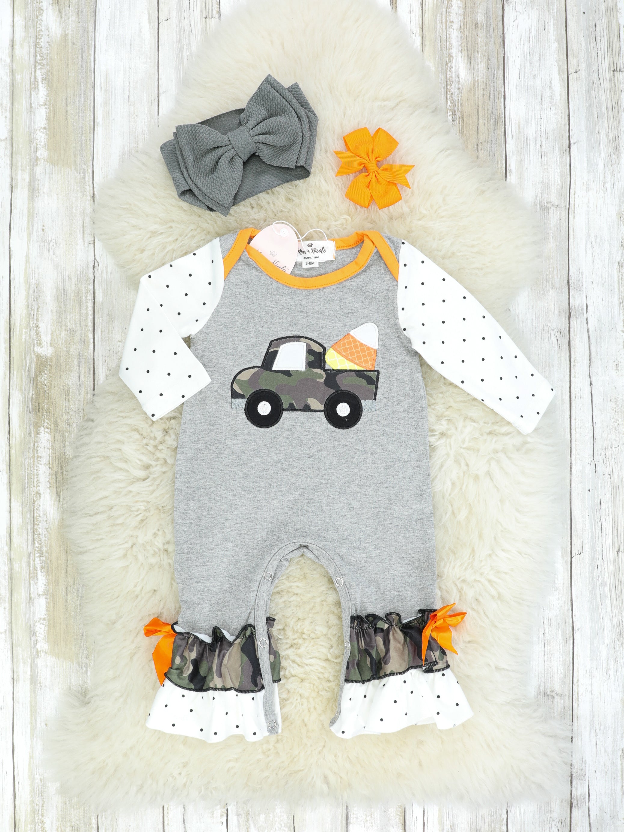 Boutique Camo Candy Corn Truck Ruffle Romper store - 0/3MOS