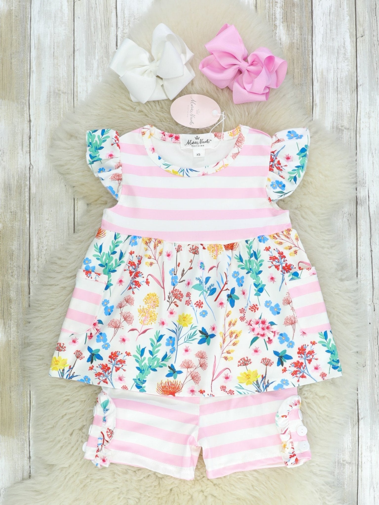 Light Pink Striped Floral Ruffle Shorts Outfit - Marie Nicole Clothing