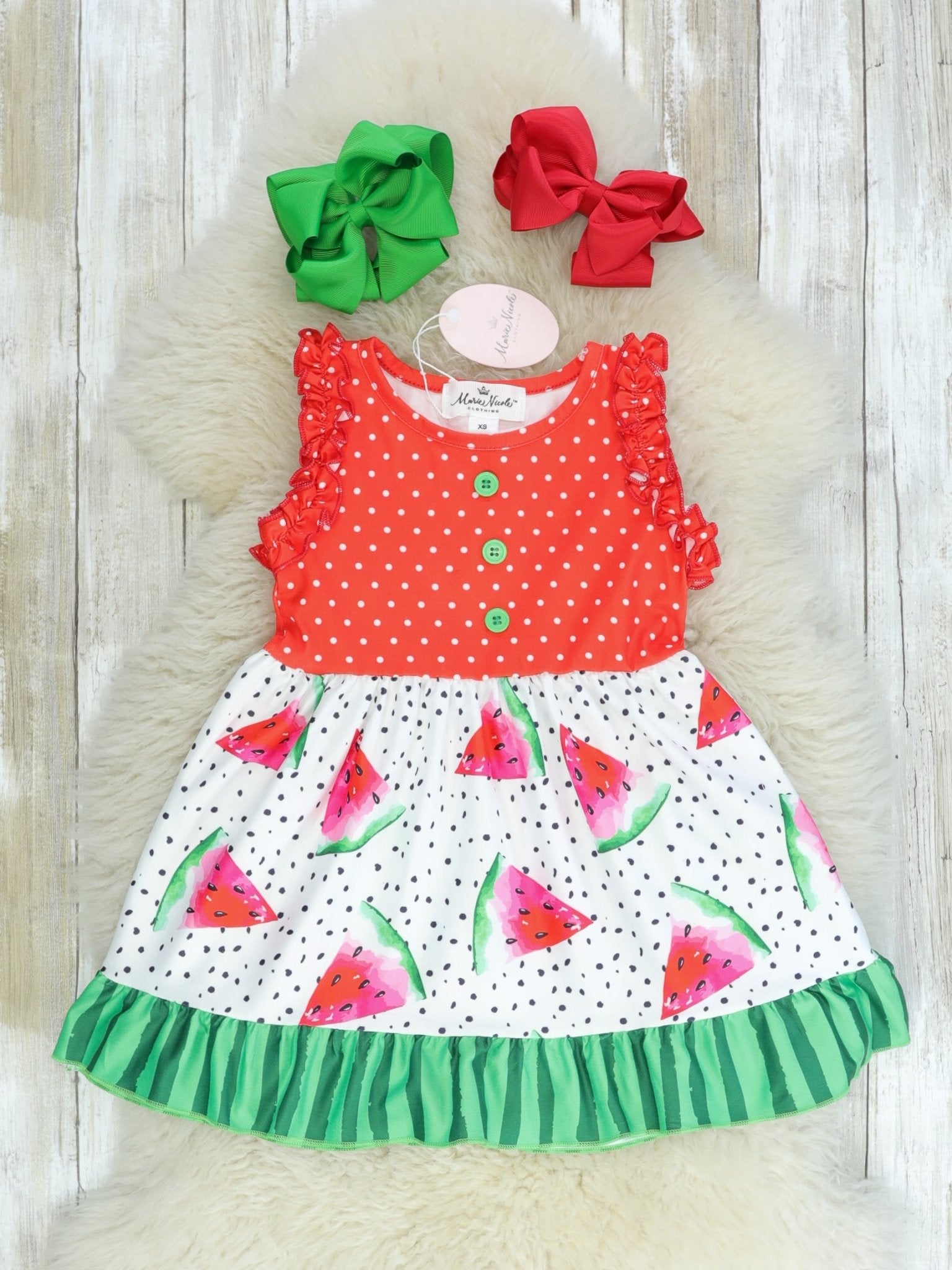 Watermelon Polka Dot Ruffle Dress - Marie Nicole Clothing