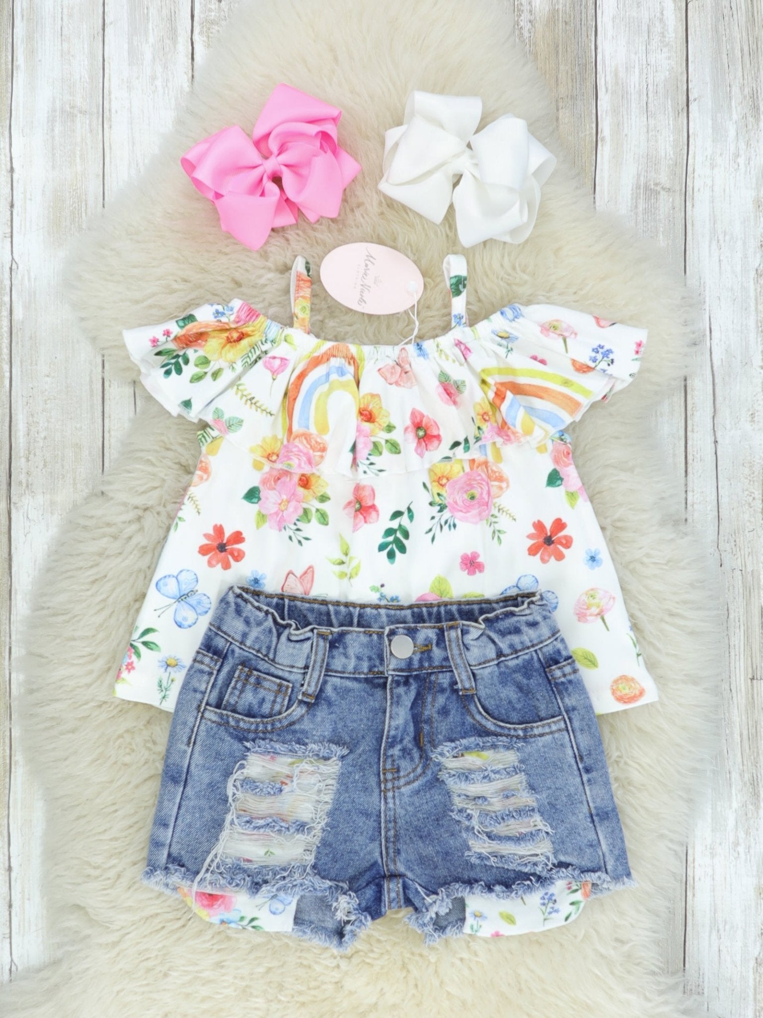 Floral Butterfly Top & Distressed Denim Outfit - Marie Nicole Clothing