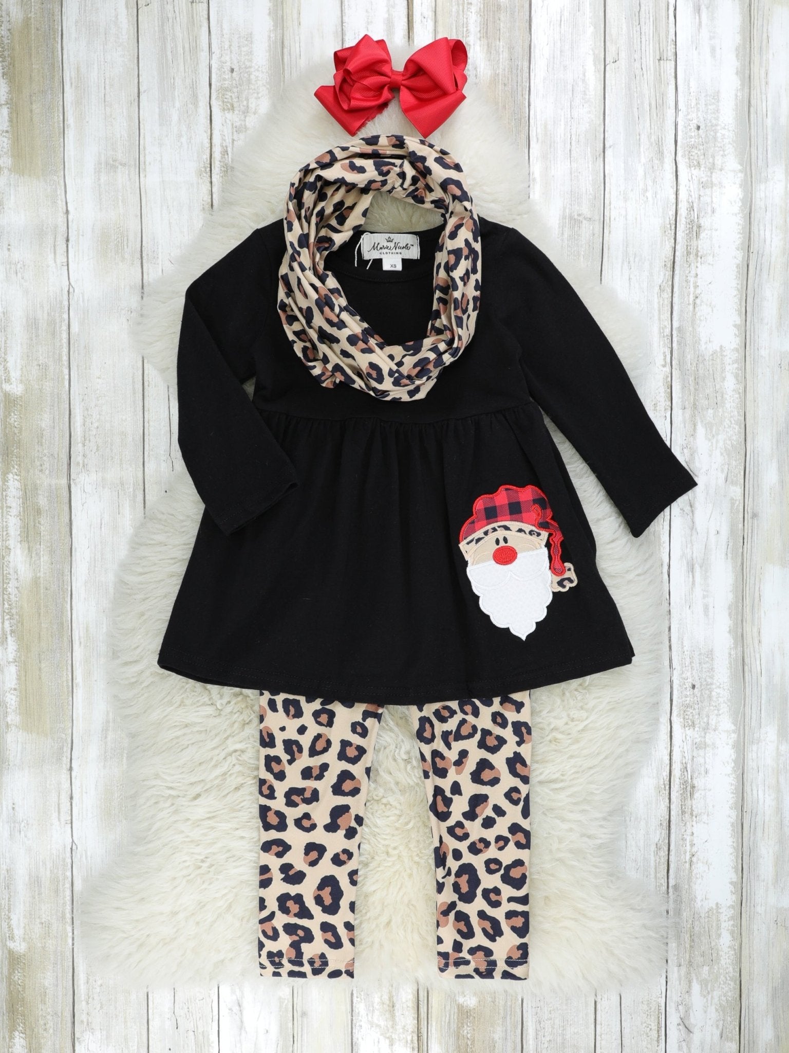 Leopard Buffalo Plaid Santa 3 - Piece Outfit - Marie Nicole Clothing