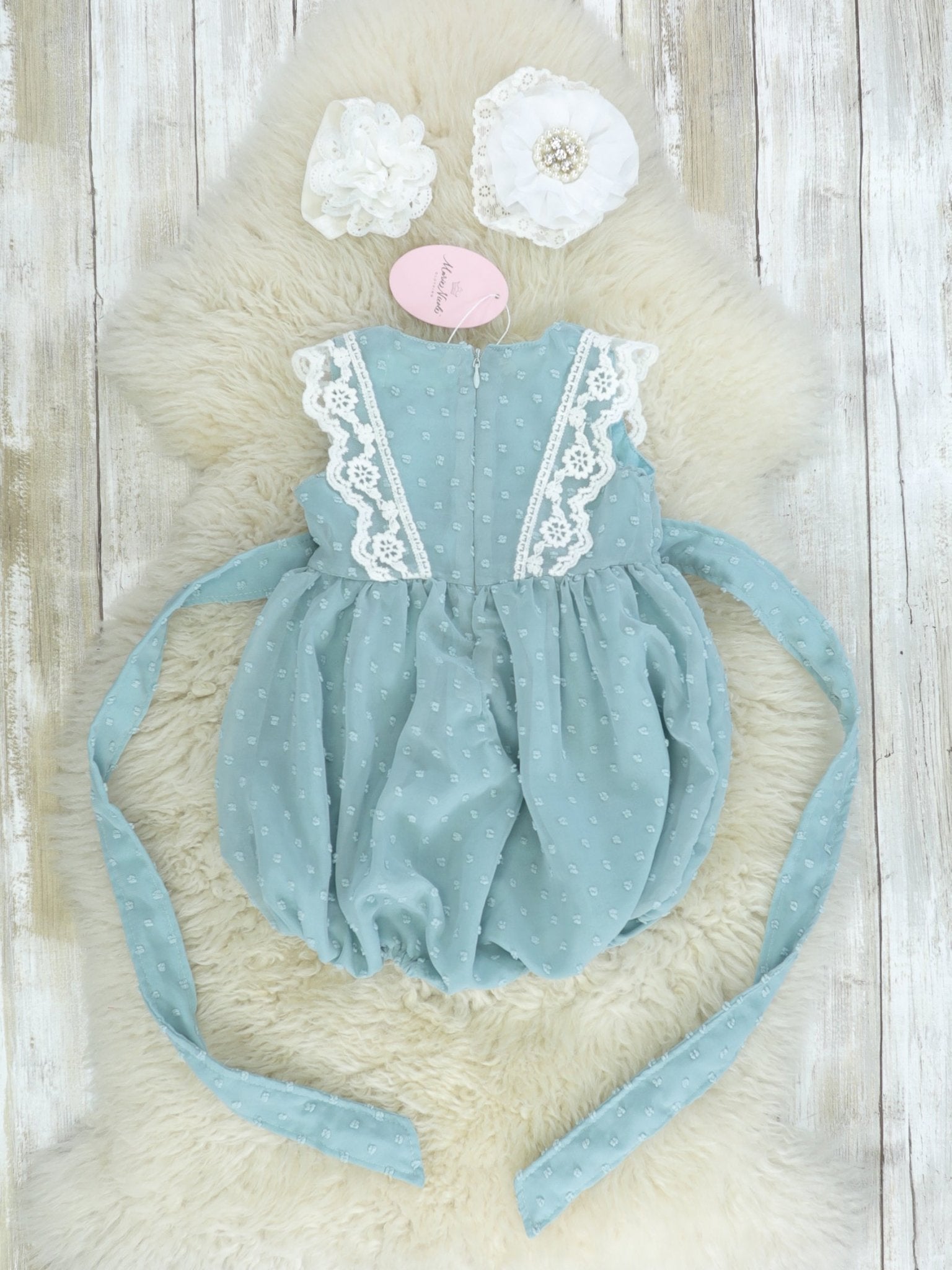 Ash Blue Lace Swiss Dot Bubble Romper - Marie Nicole Clothing