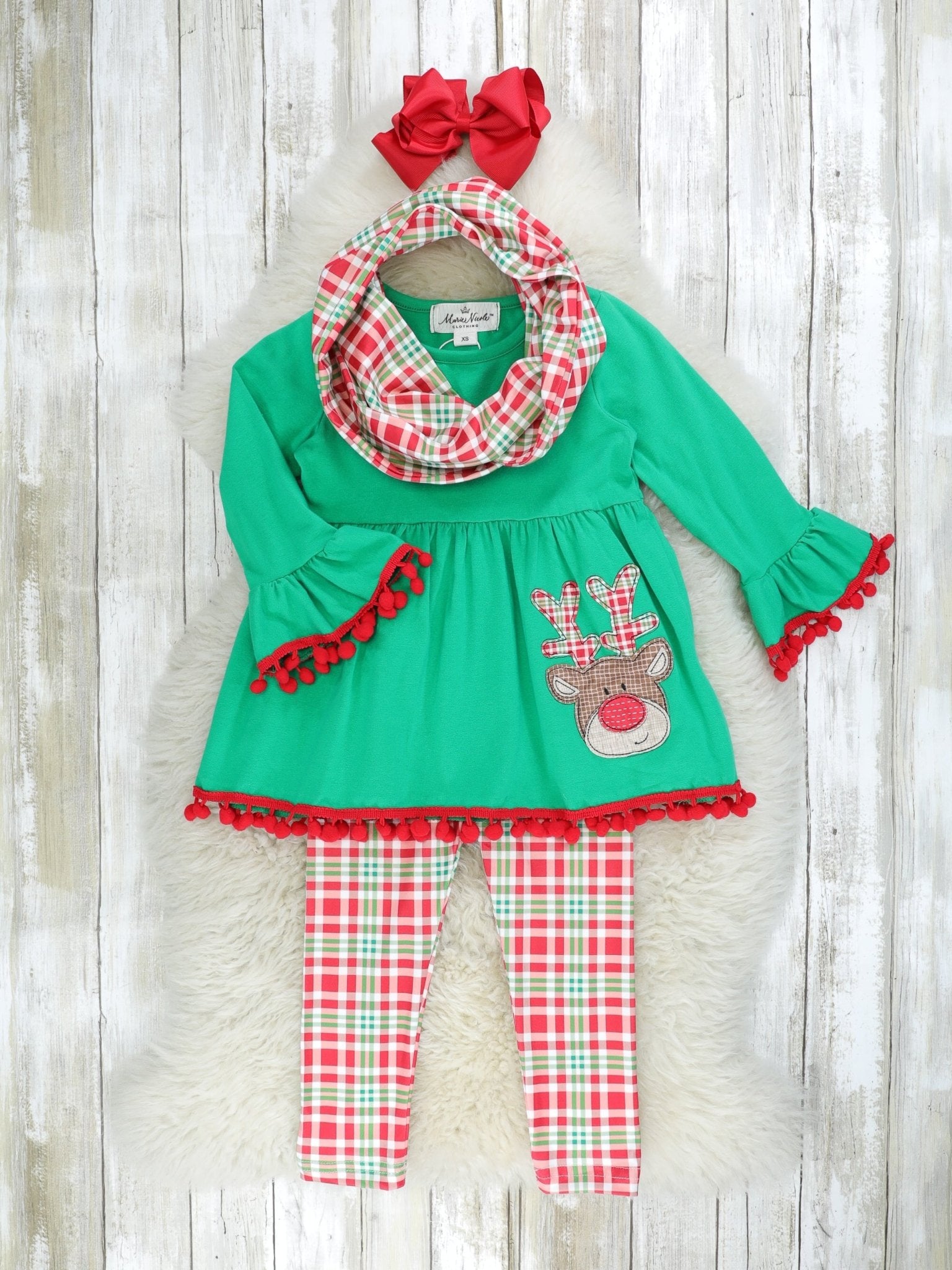 Green Reindeer Plaid 3 - Piece Outfit - Marie Nicole Clothing