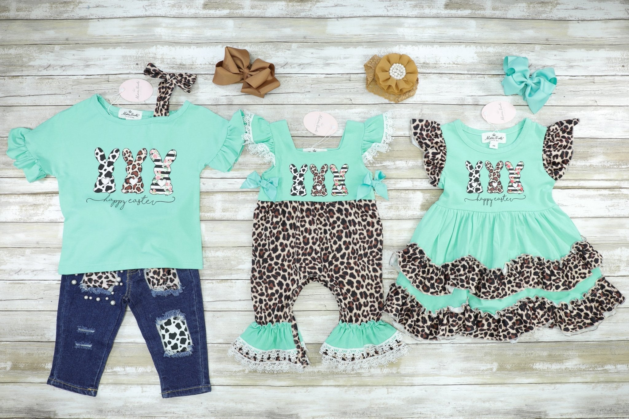 Mint Leopard Bunnies Ruffle Romper - Marie Nicole Clothing