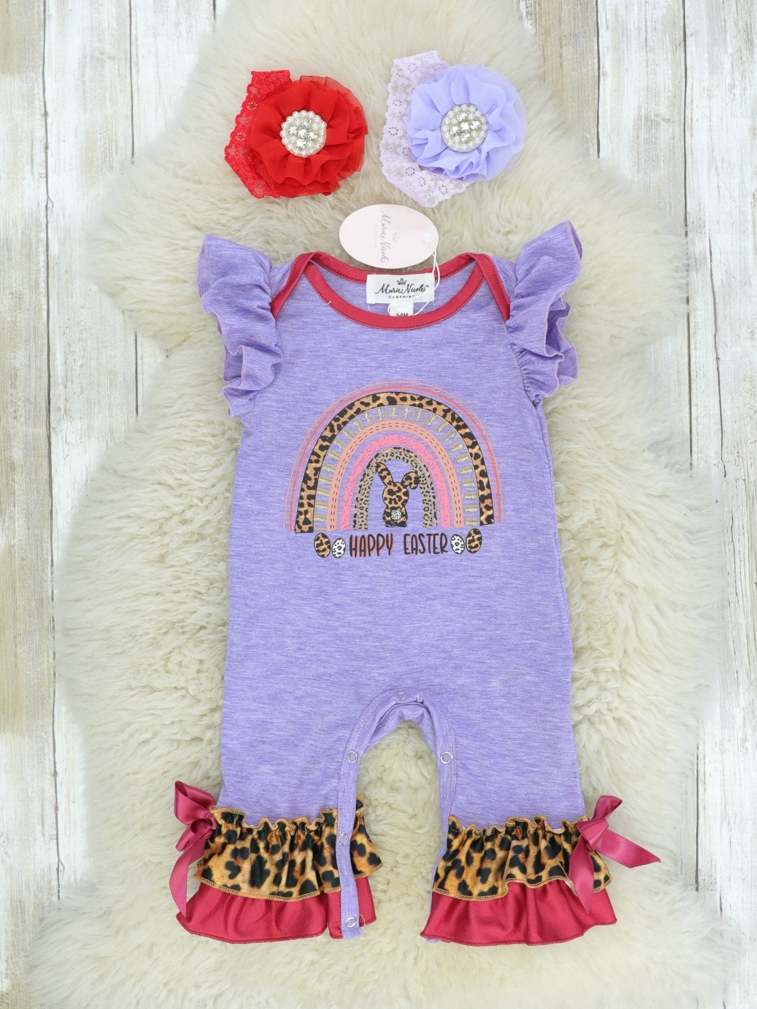 Purple Happy Easter Rainbow Ruffle Romper - Marie Nicole Clothing