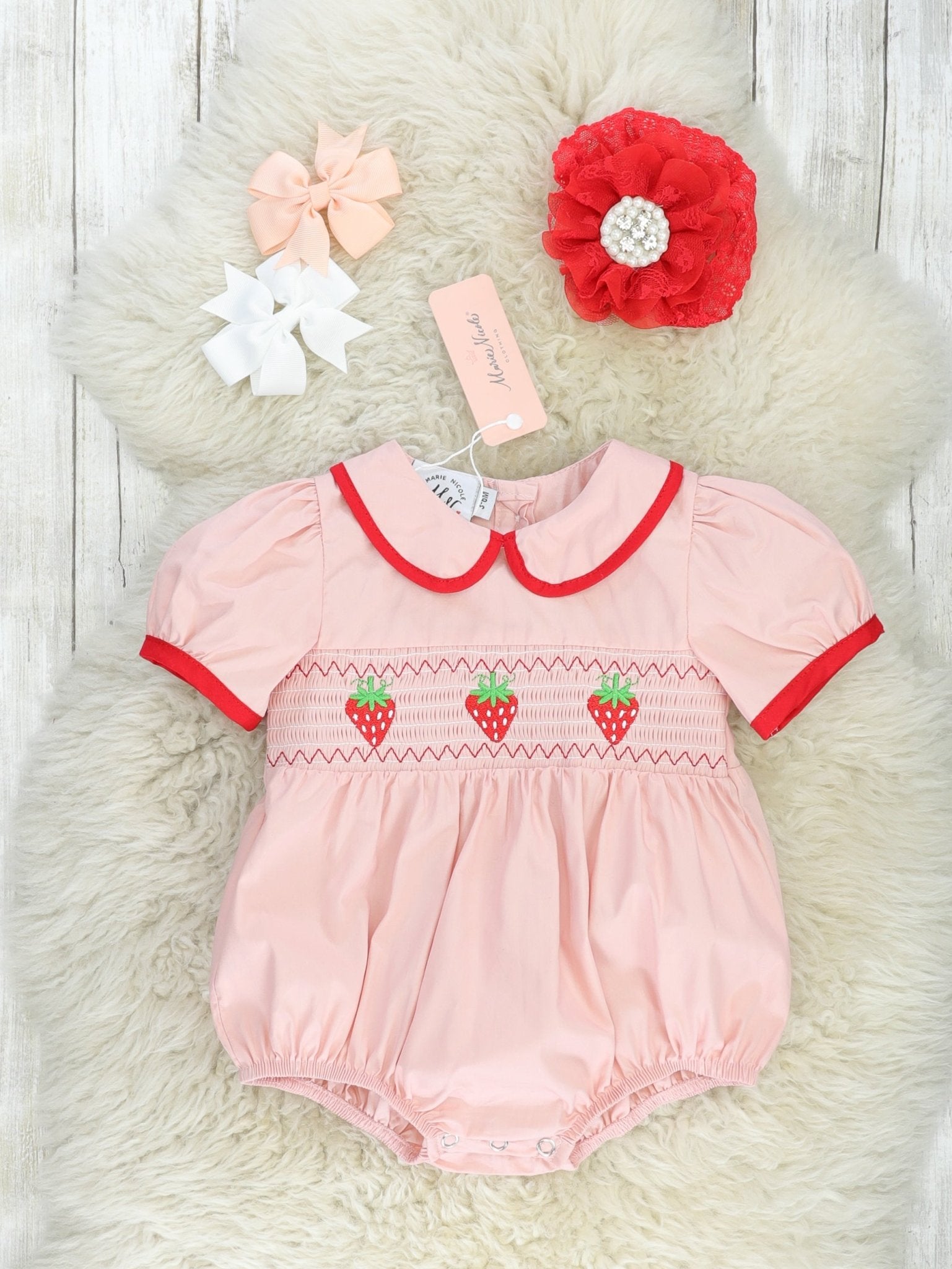 Strawberry Smocked Vintage Bubble Romper - Marie Nicole Clothing