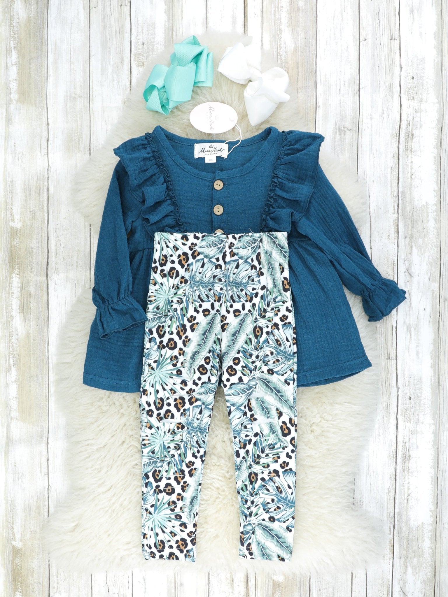 Dark Teal Ruffle Tunic & Leopard Print Bottoms Outfit - Marie Nicole Clothing