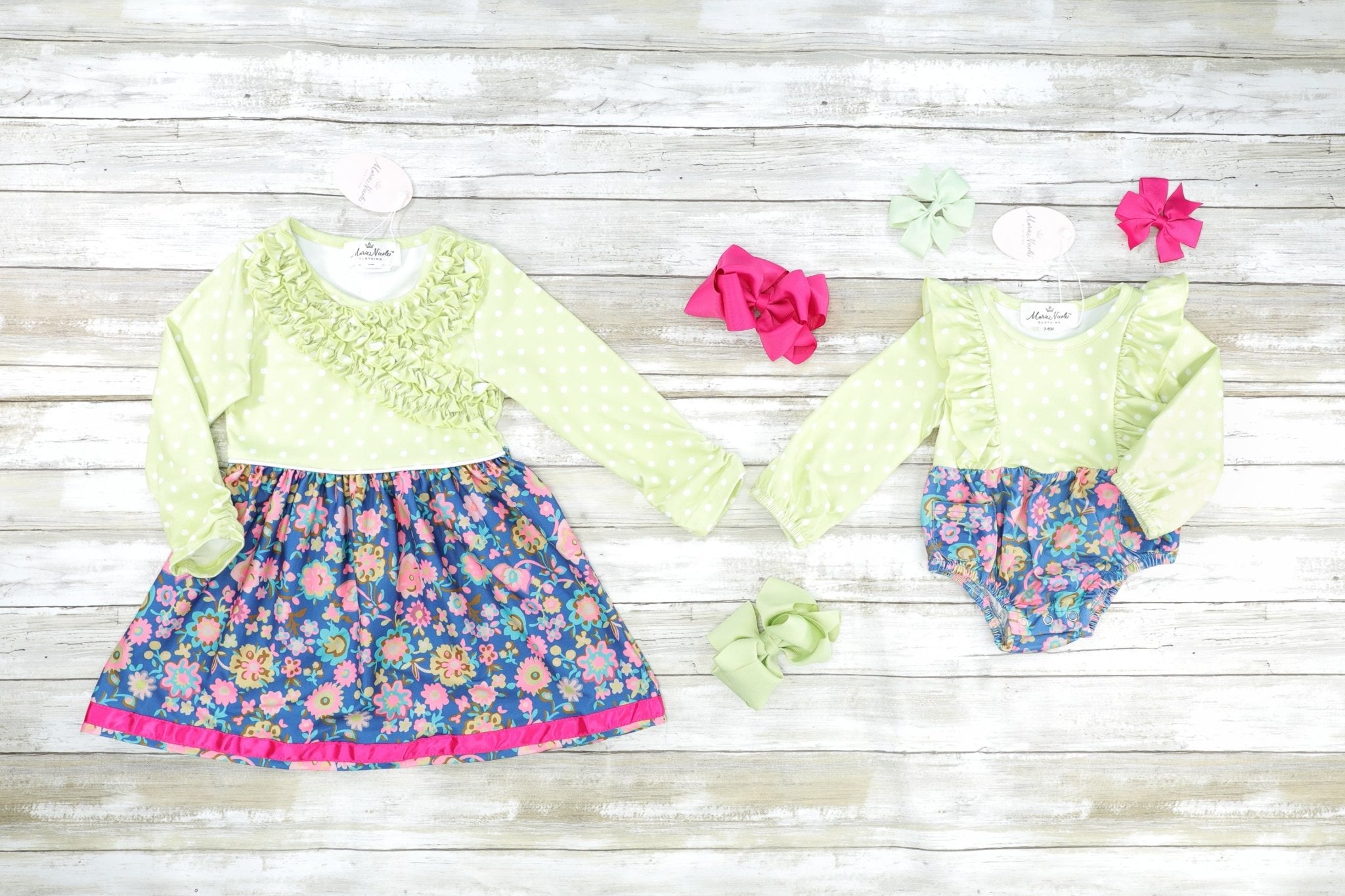 Green, Navy & Pink Floral Ruffle Dress - Marie Nicole Clothing