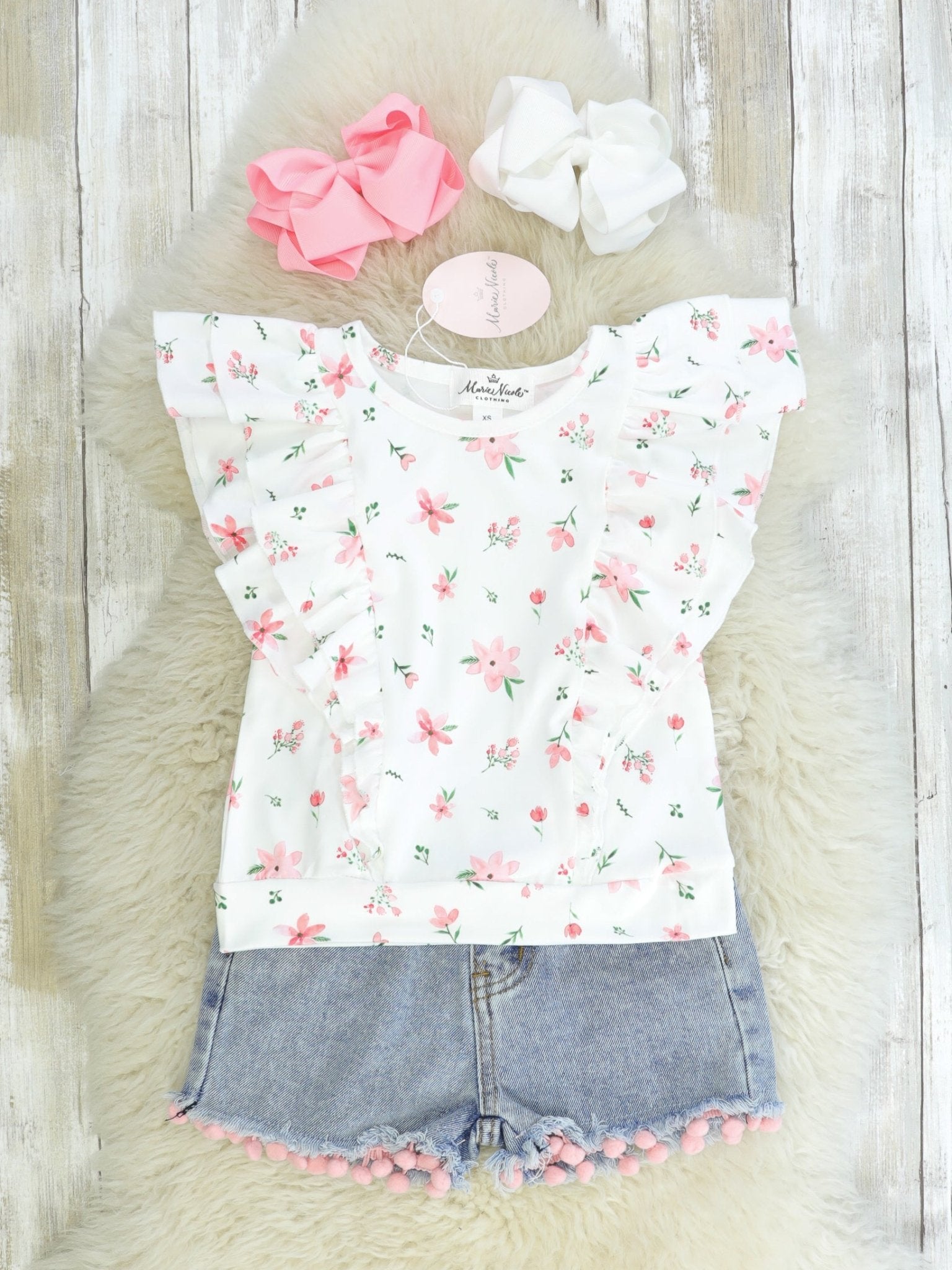 Sweet Floral Ruffle Top & Denim Shorts Outfit - Marie Nicole Clothing
