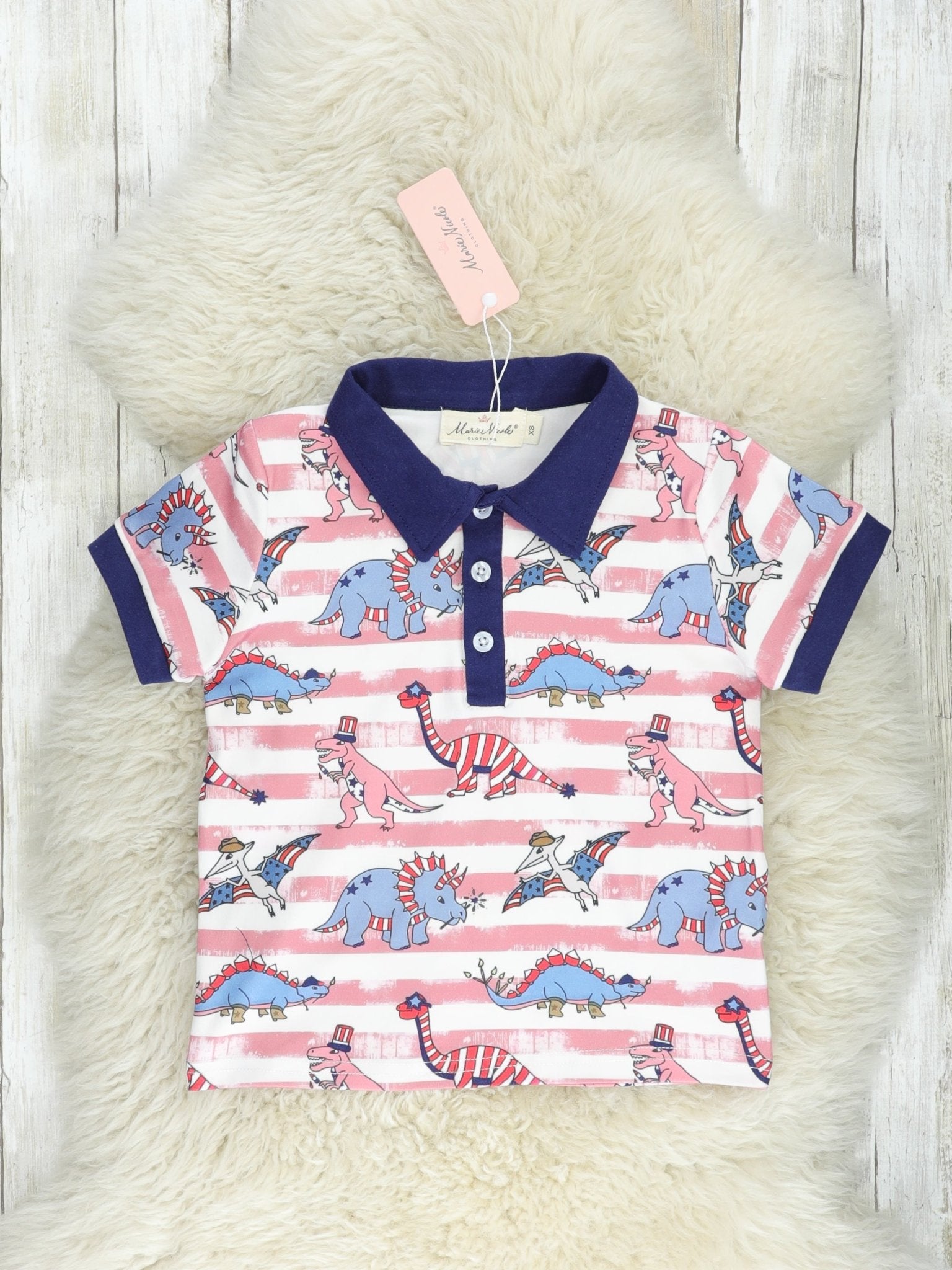 Stripe Dino Patriotic Polo - Marie Nicole Clothing