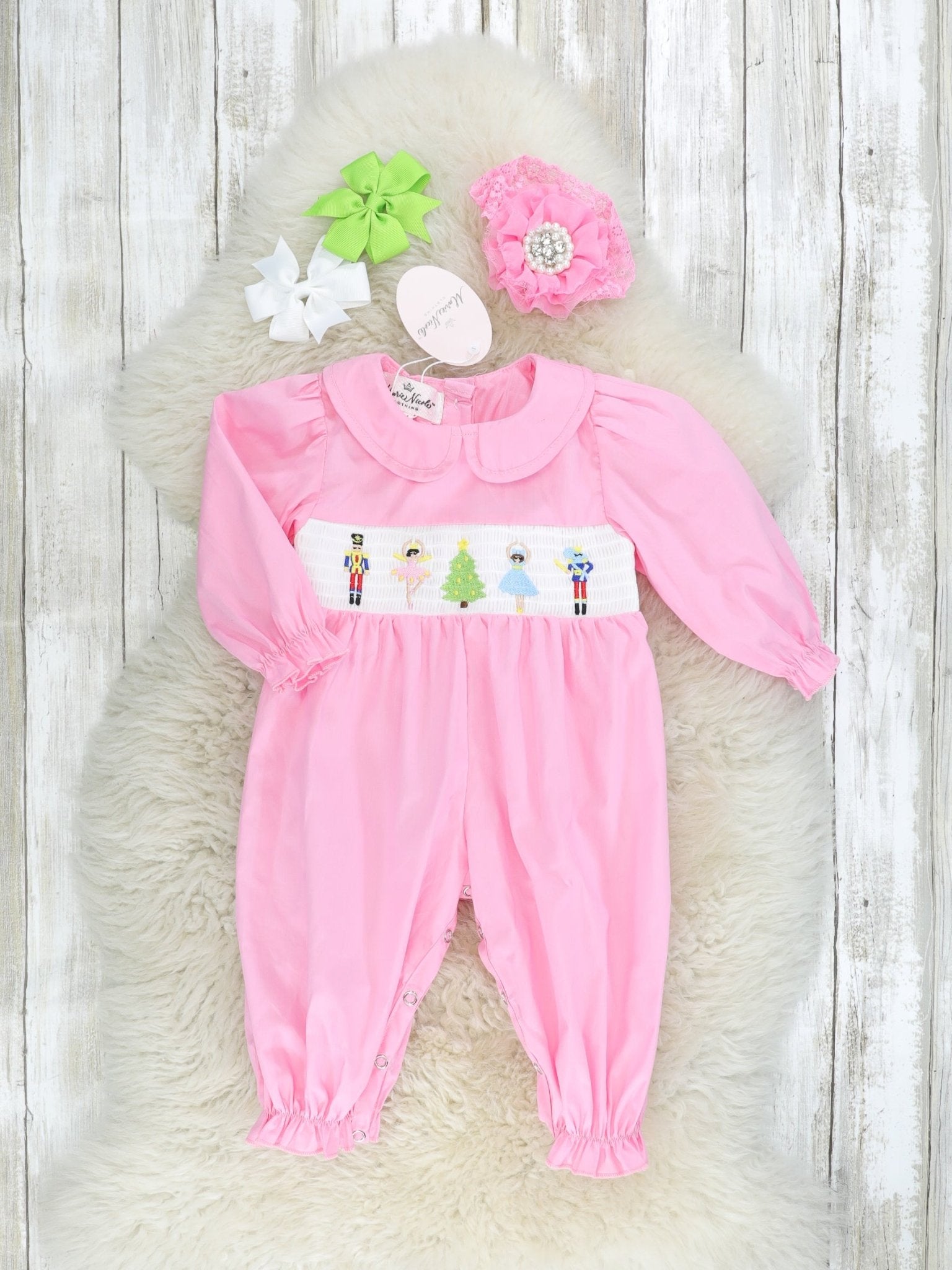 Pink Nutcracker Smocked Vintage Romper - Marie Nicole Clothing