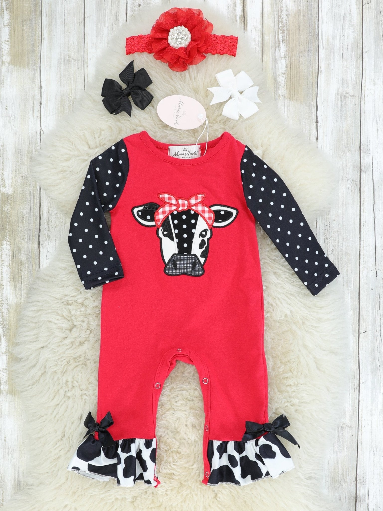 Red Polka Dot Cow Romper - Marie Nicole Clothing