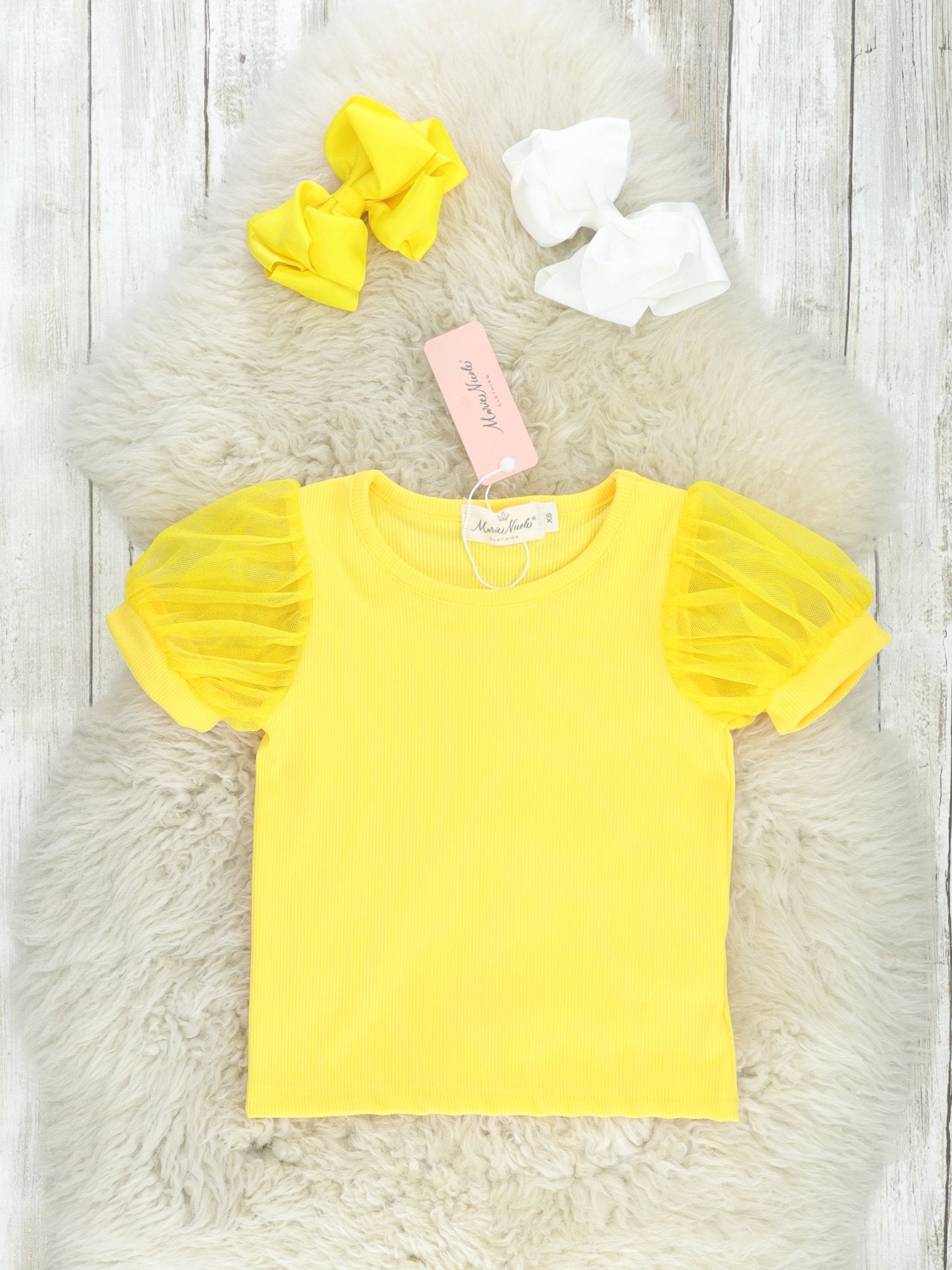Yellow Tulle Top & Denim Bee Overall Set - Marie Nicole Clothing