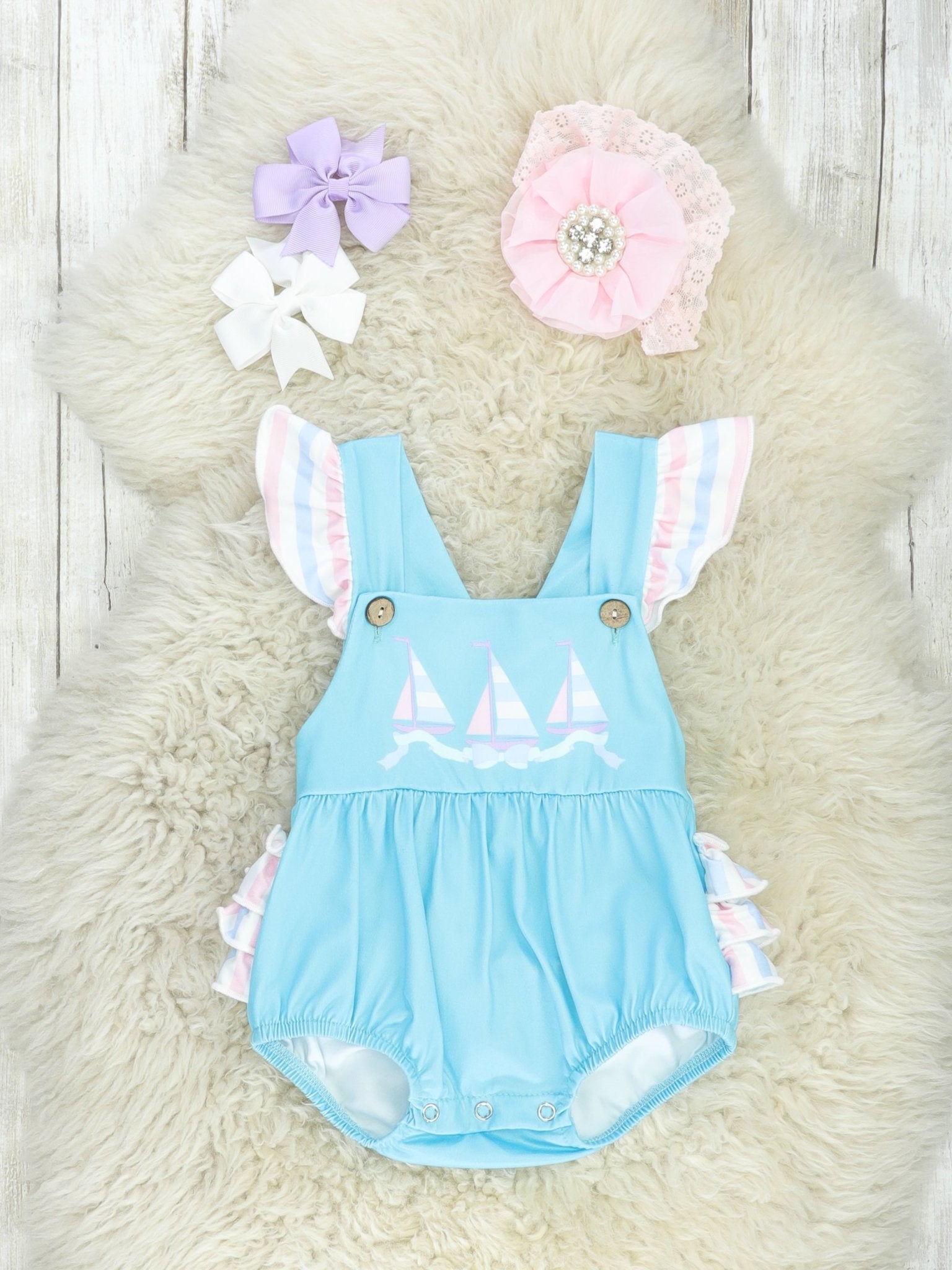 Blue Striped Sailboat Ruffle Bubble Romper - Marie Nicole Clothing