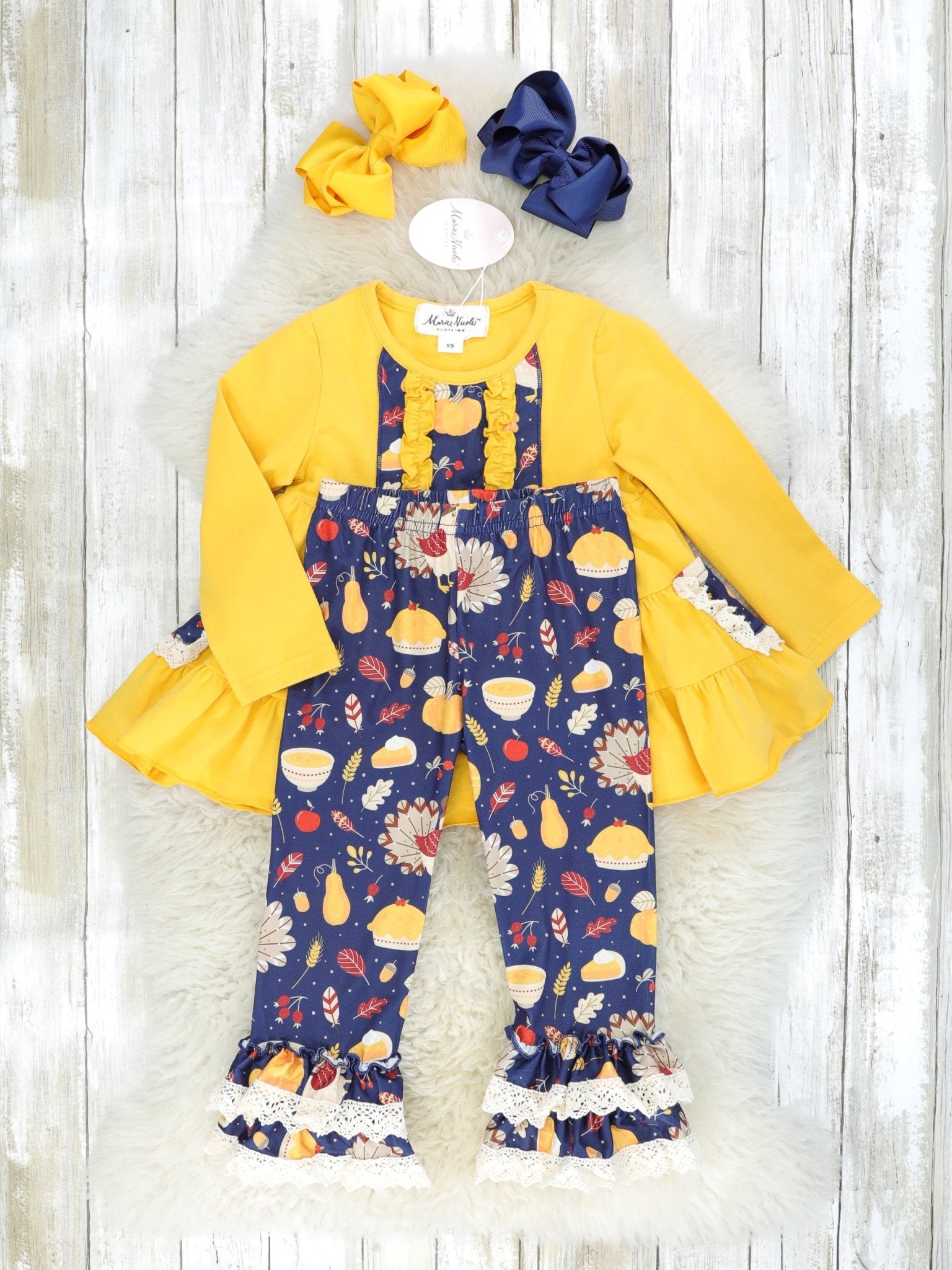Mustard Navy Turkey Ruffle Outfit - Marie Nicole Clothing