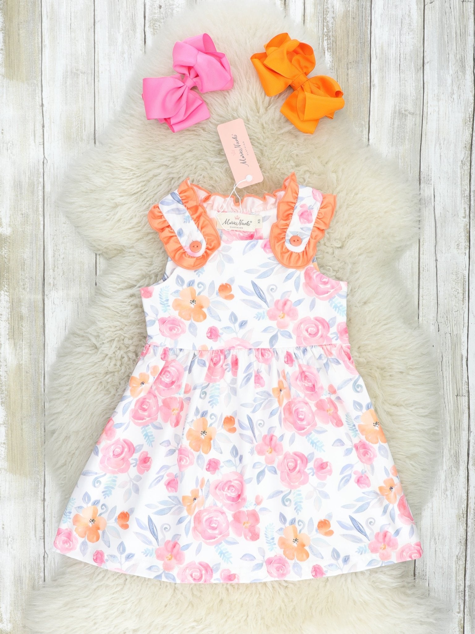 Pink & Orange Rose Ruffle Dress - Marie Nicole Clothing