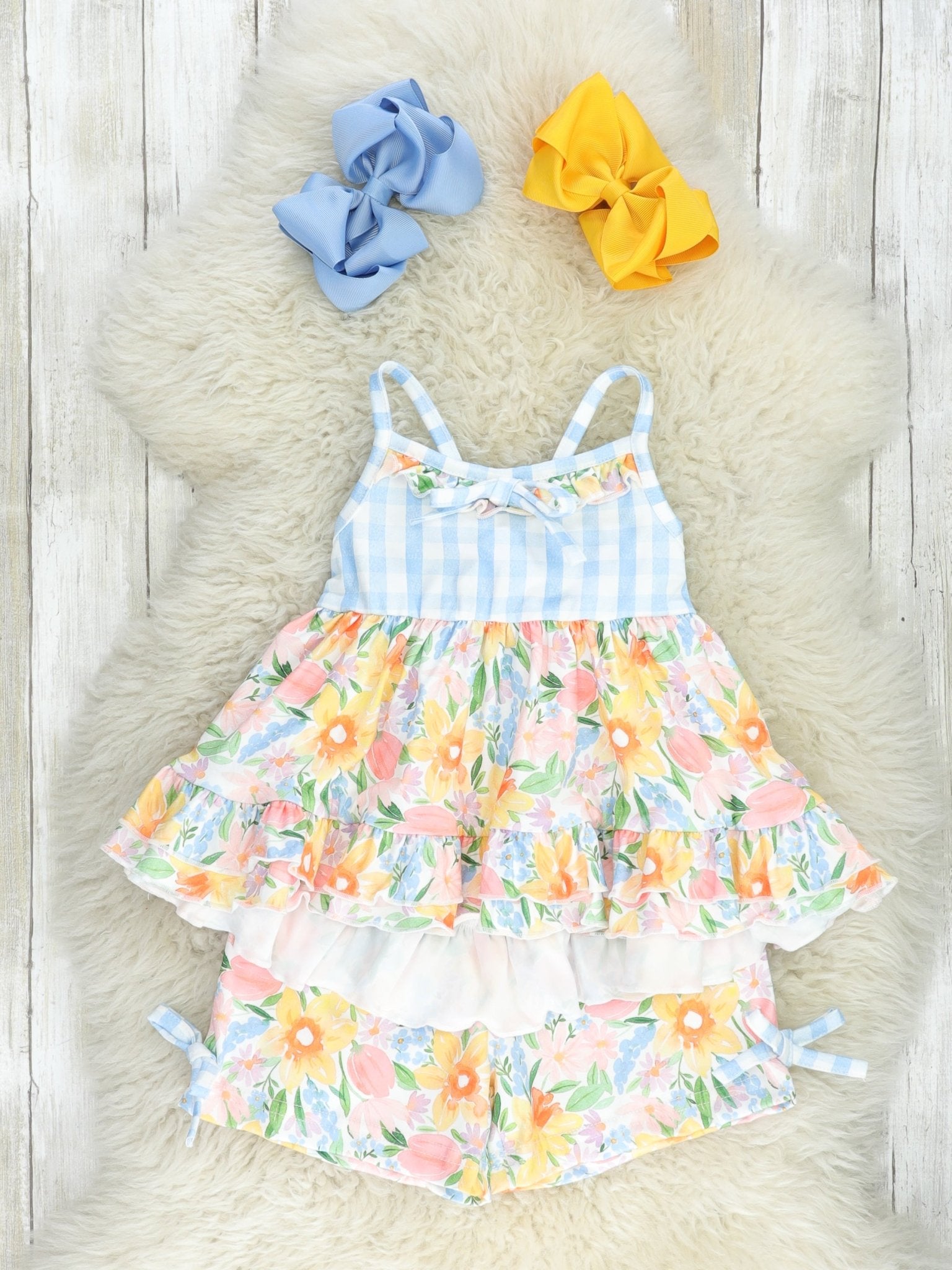 Blue Gingham & Yellow Floral Ruffle Outfit - Marie Nicole Clothing
