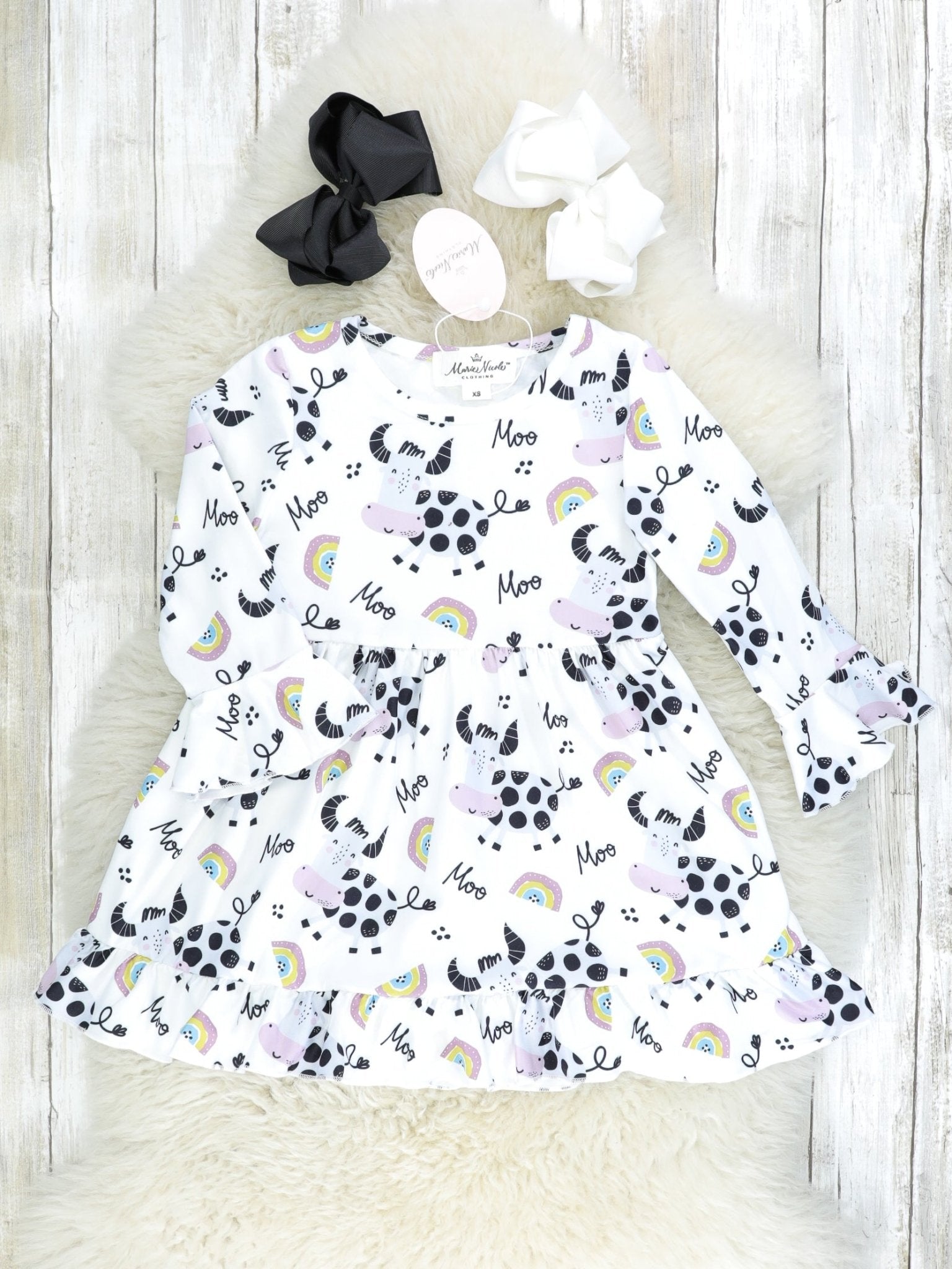 Longhorn Cow Rainbow Ruffle Dress - Marie Nicole Clothing