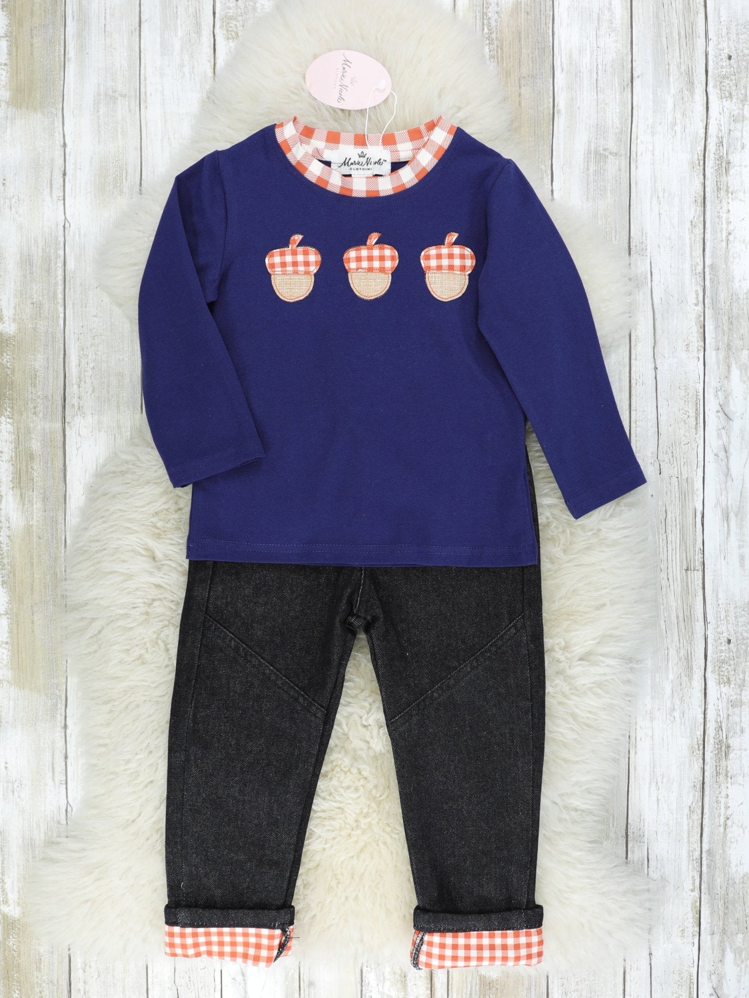 Brown Gingham Acorn Denim Outfit - Marie Nicole Clothing