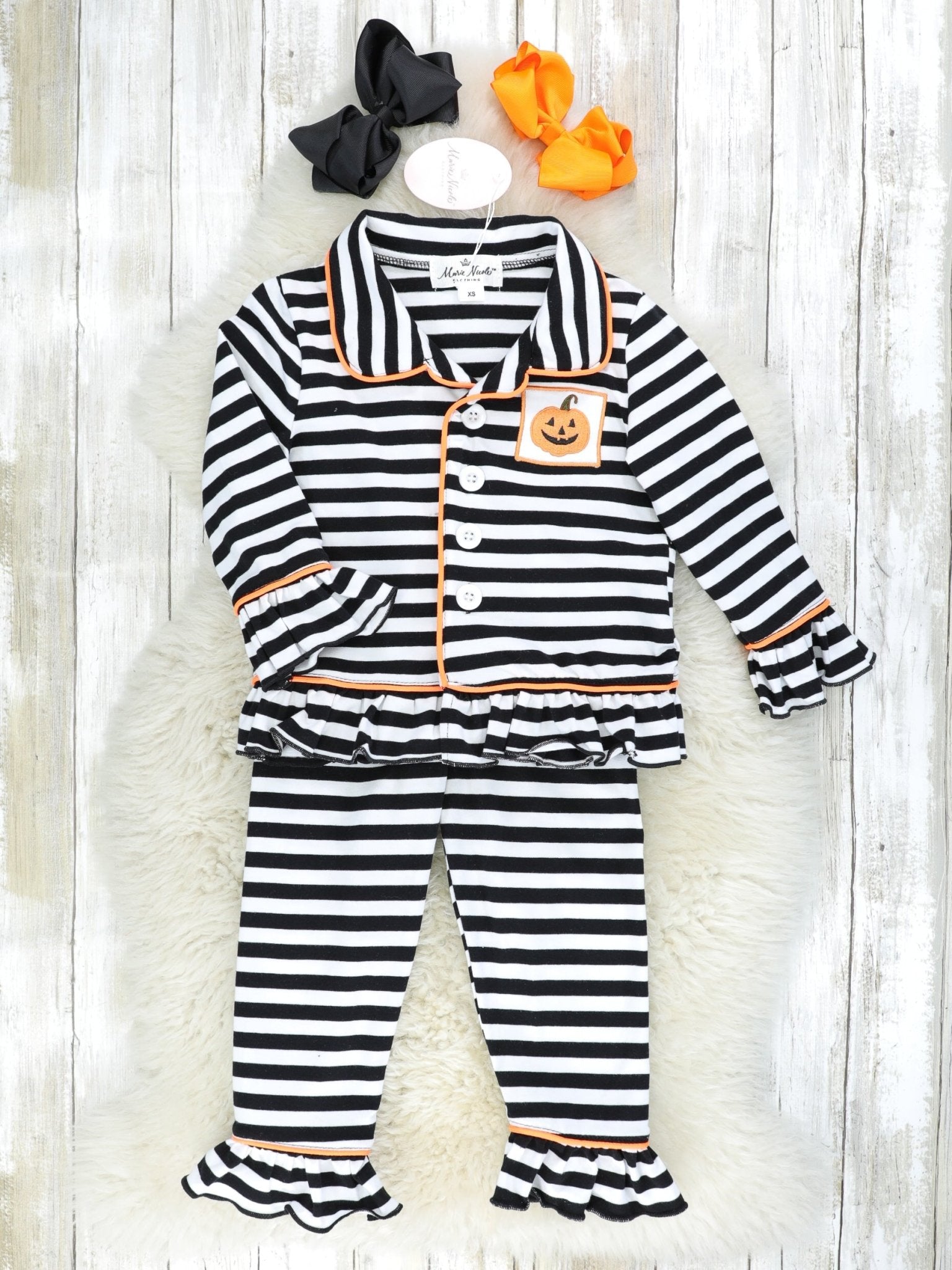 Striped Jack O Lantern Ruffle Pajamas - Marie Nicole Clothing