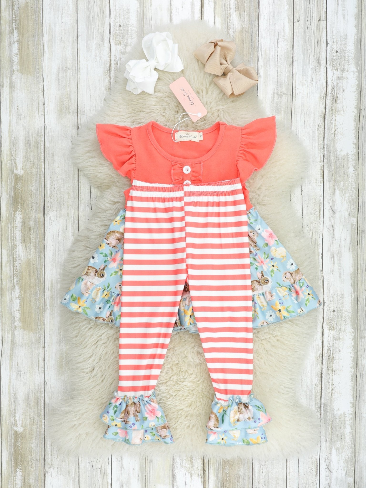 Coral Floral Bunny Ruffle Outfit - Marie Nicole Clothing
