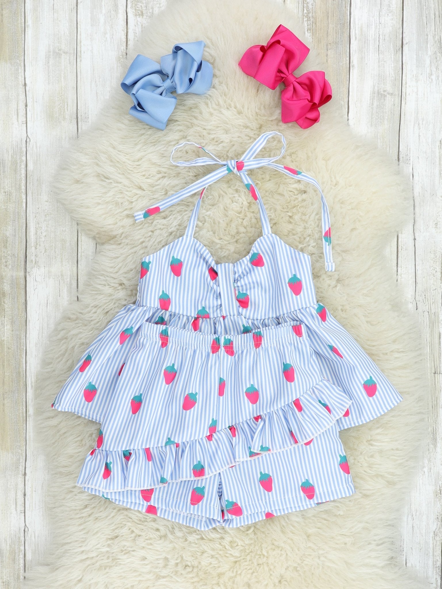 Blue Pinstripe Strawberry Ruffle Outfit - Marie Nicole Clothing
