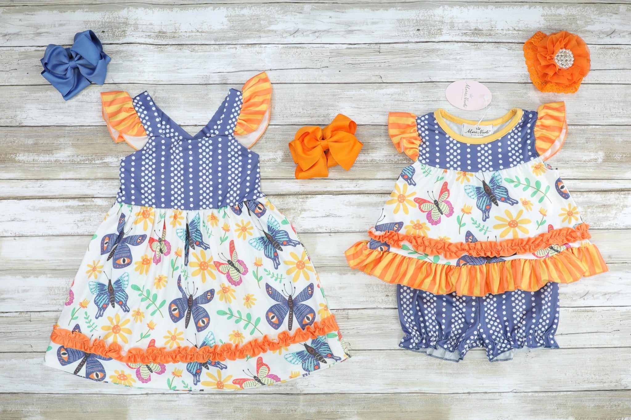 Navy Polka Dot Butterfly Ruffle Dress - Marie Nicole Clothing