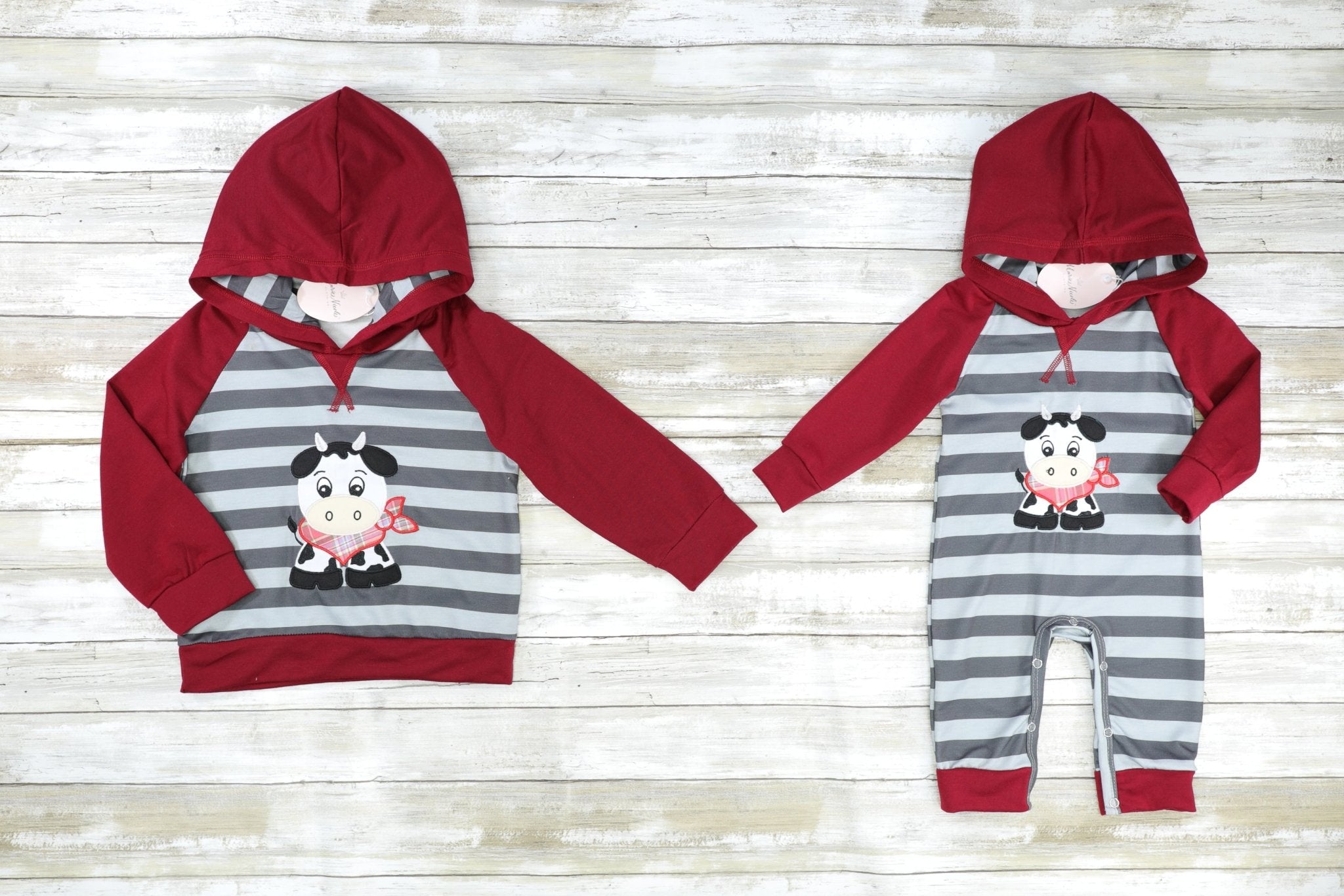 Maroon & Grey Striped Cow Hoodie Romper - Marie Nicole Clothing