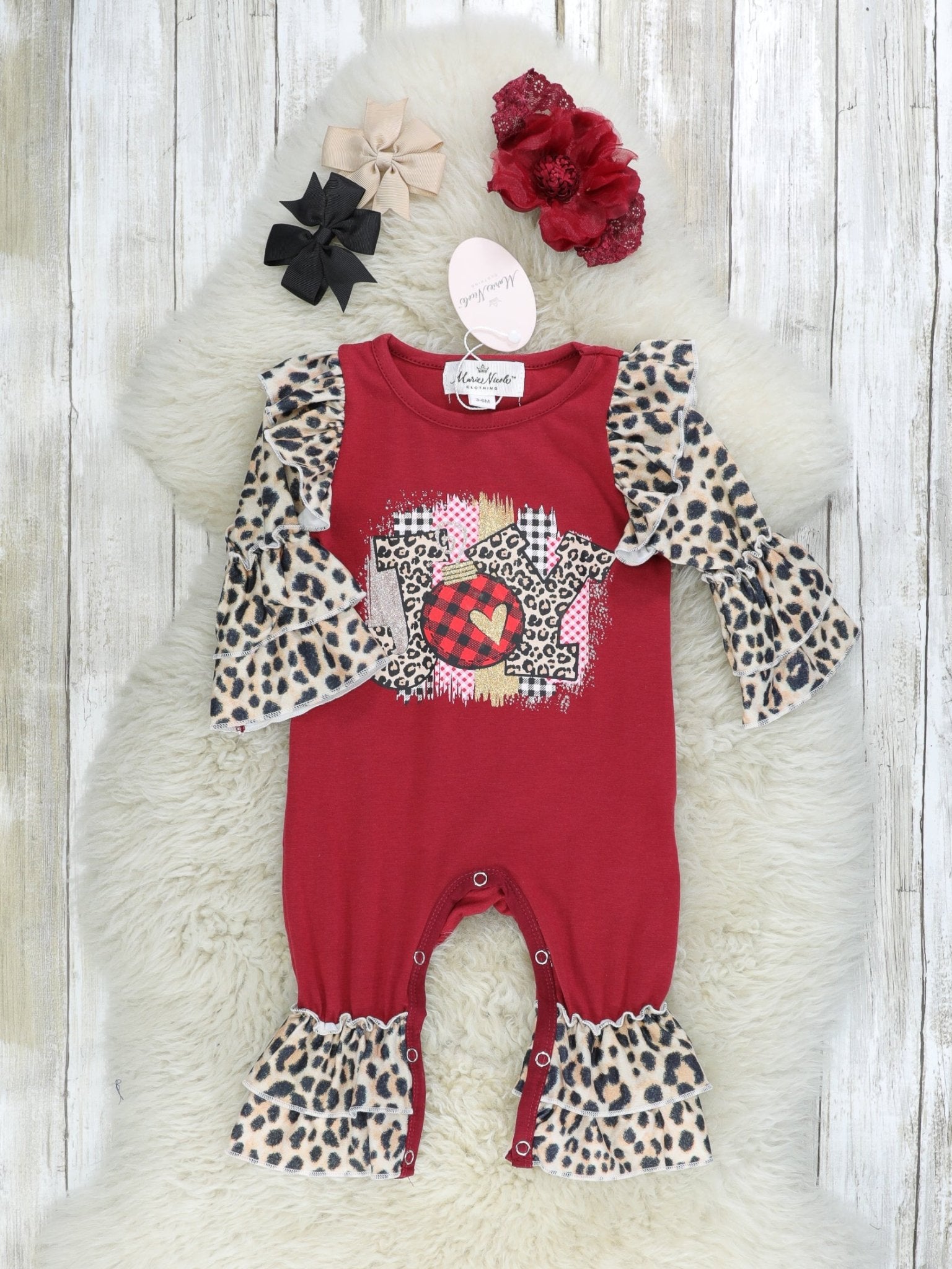 Burgundy "Joy" Leopard Ruffle Raglan Romper - Marie Nicole Clothing