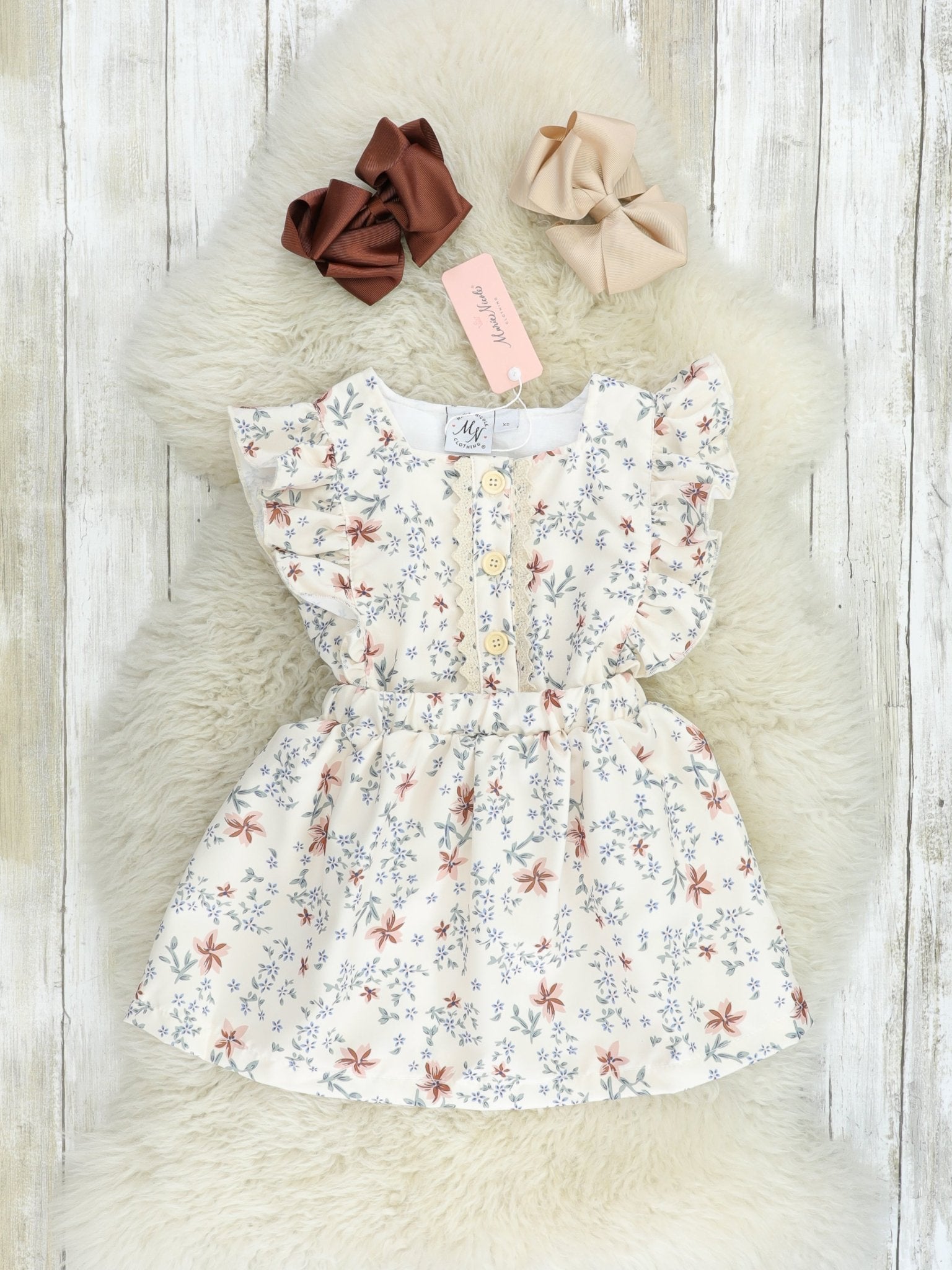 Cream Floral Flutter Sleeve Dress - Marie Nicole Clothing