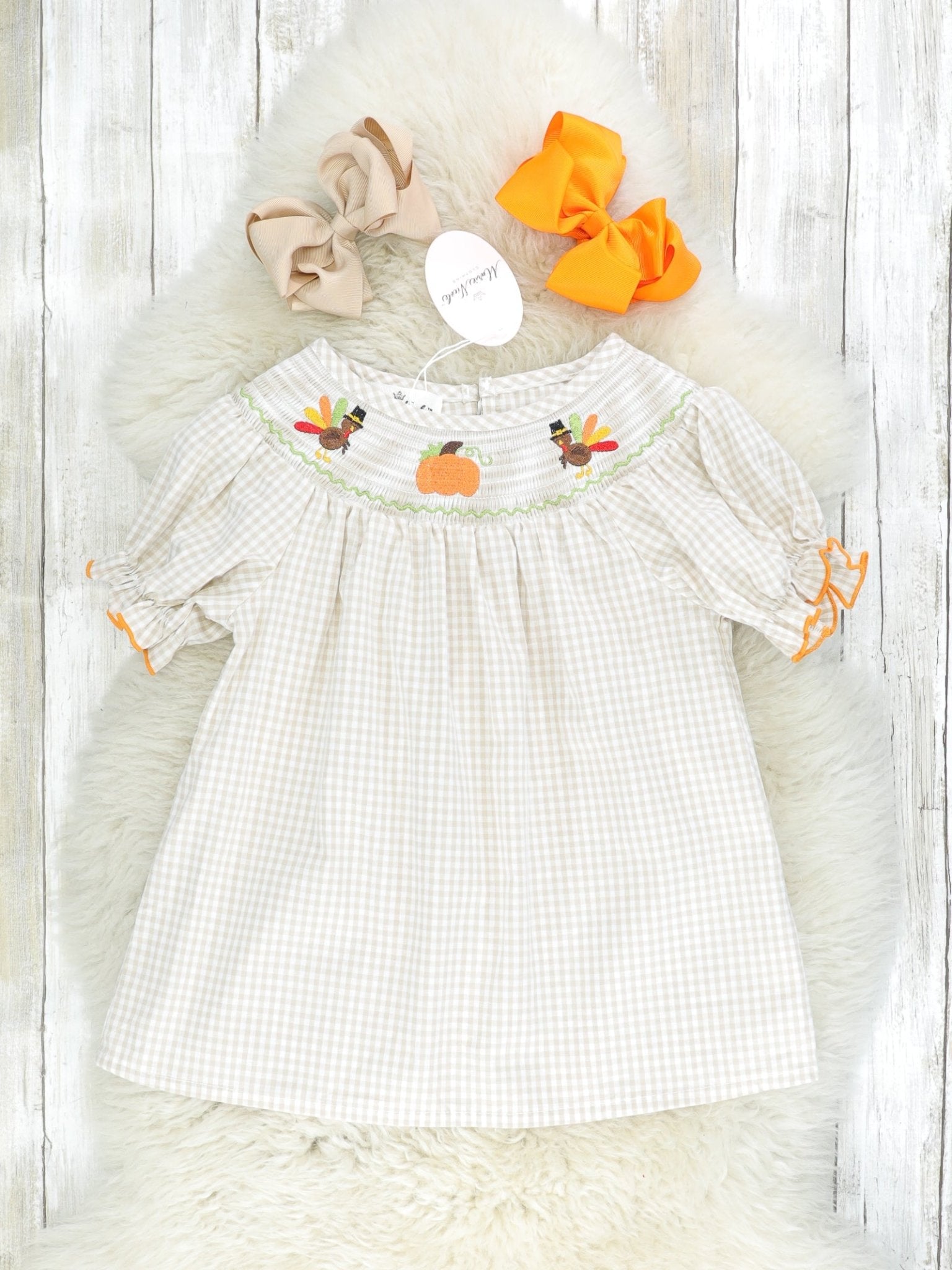 Gingham Smocked Turkey & Pumpkin Dress Gingham Smocked Turkey & Pumpkin Dress