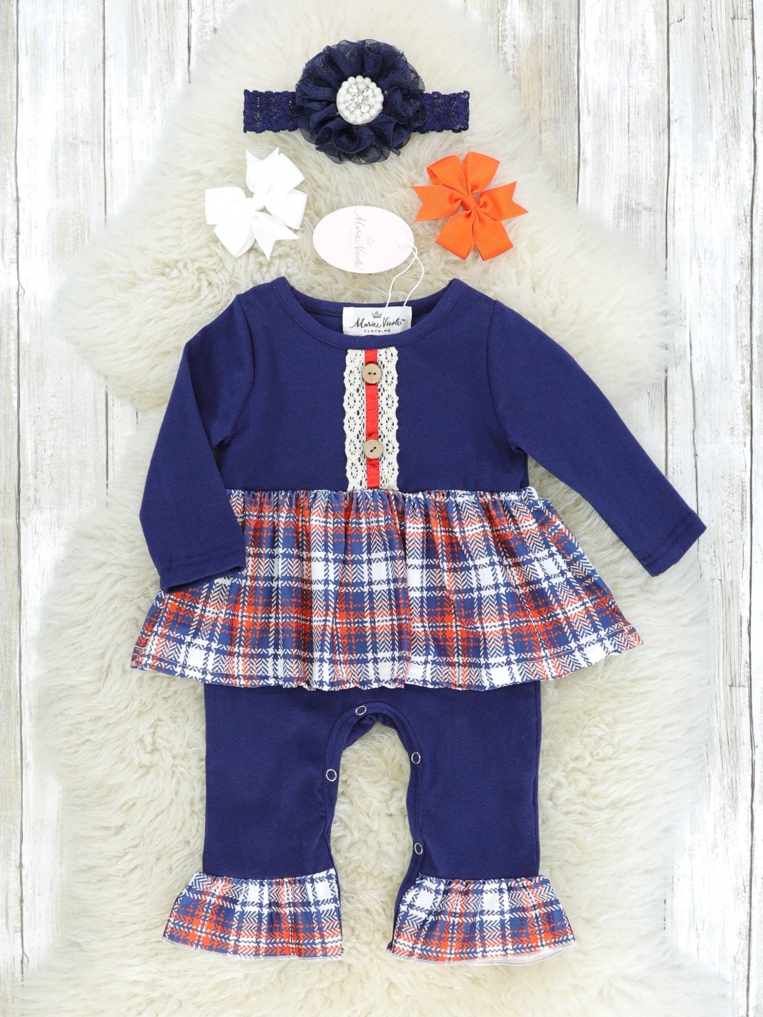 Navy & Orange Plaid Romper - Marie Nicole Clothing