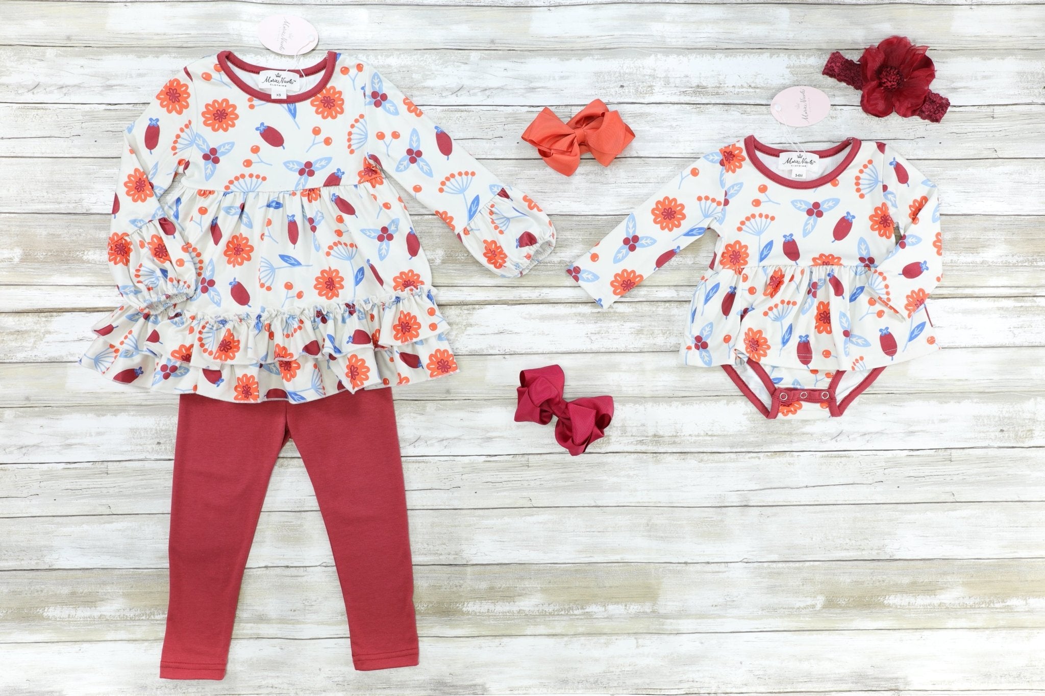 Burnt Orange Fall Floral Ruffle Tunic Outfit - Marie Nicole Clothing
