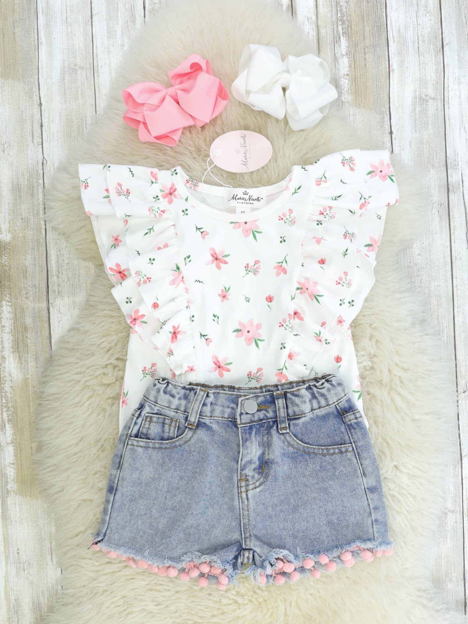 Sweet Floral Ruffle Top & Denim Shorts Outfit - Marie Nicole Clothing