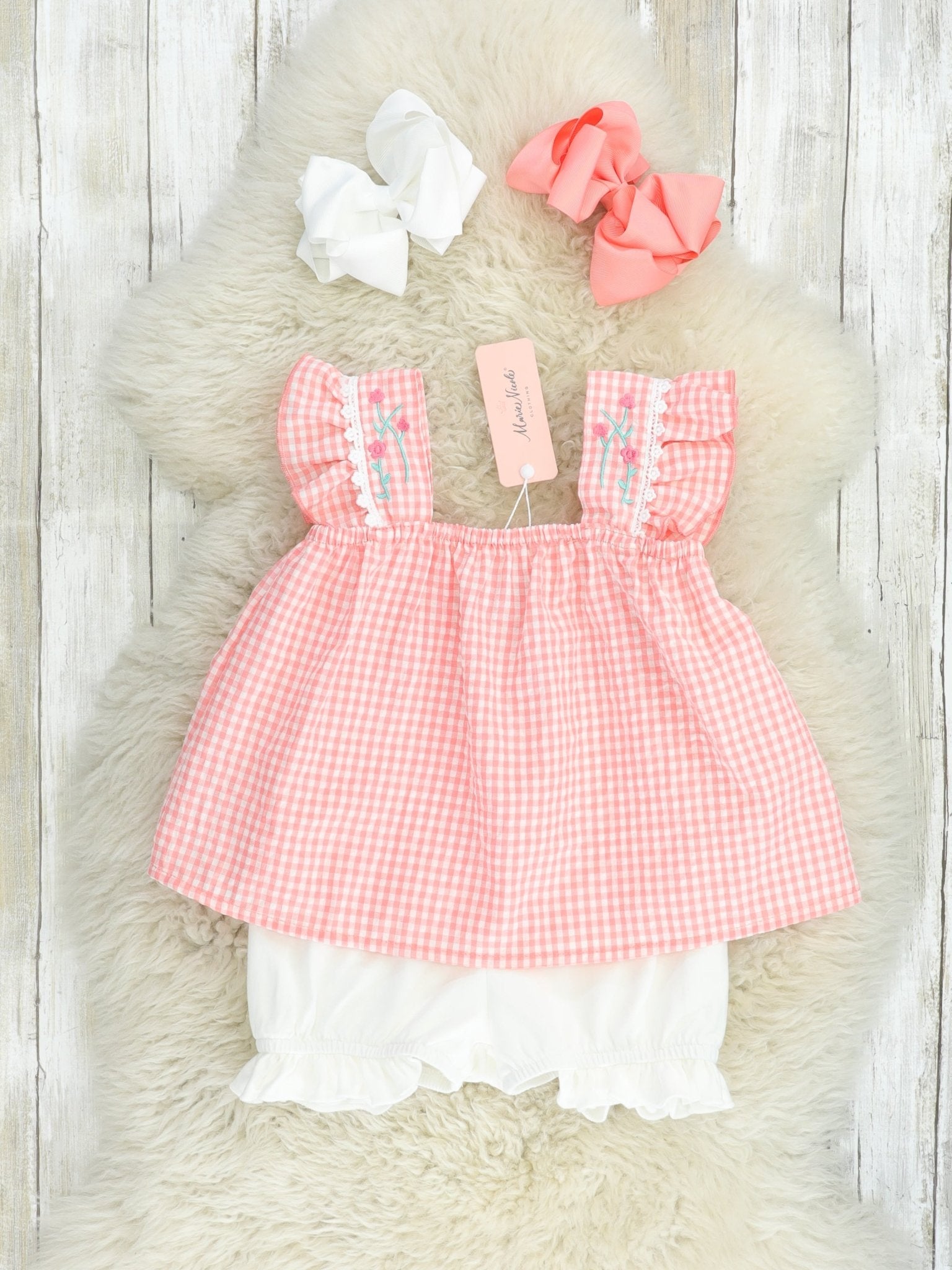 Coral Gingham Rose Flutter Sleeve Outfit - Marie Nicole Clothing
